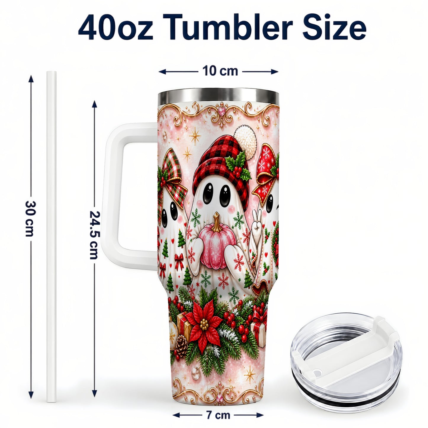 #pl[40oz|White] Pink Ghost 40oz Tumbler with Handle, Christmas Stainless Steel Travel Cup