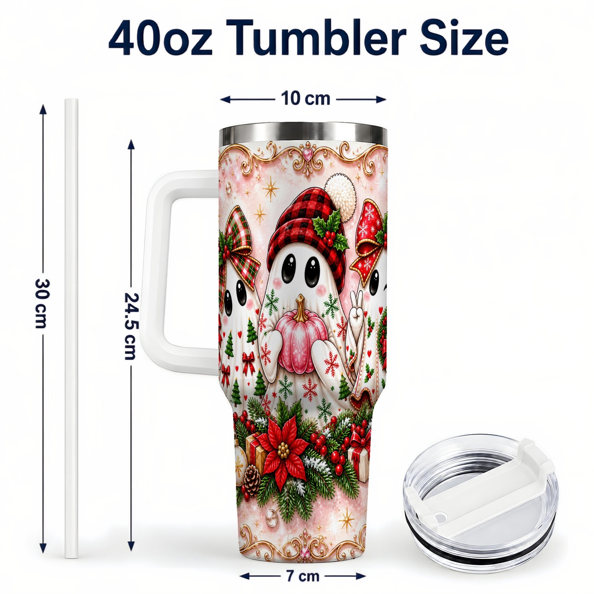 #pl[40oz|White] Pink Ghost 40oz Tumbler with Handle, Christmas Stainless Steel Travel Cup