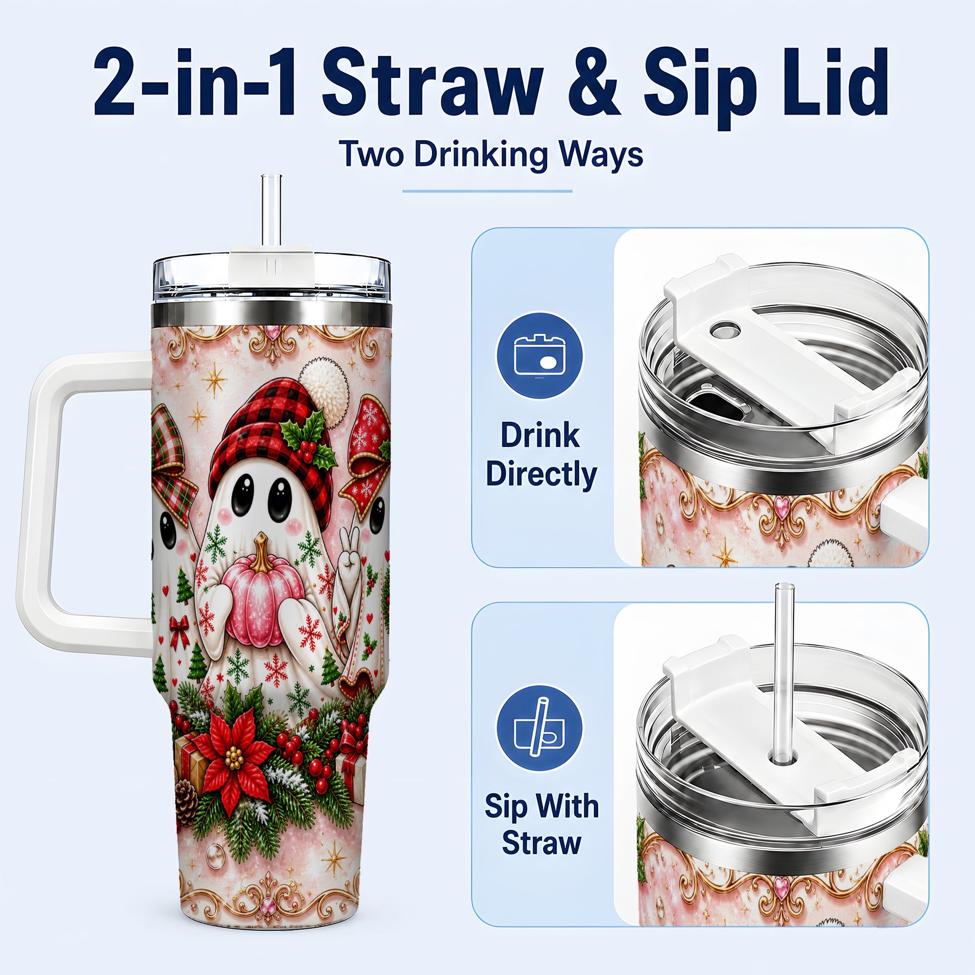 #pl[40oz|White] Pink Ghost 40oz Tumbler with Handle, Christmas Stainless Steel Travel Cup