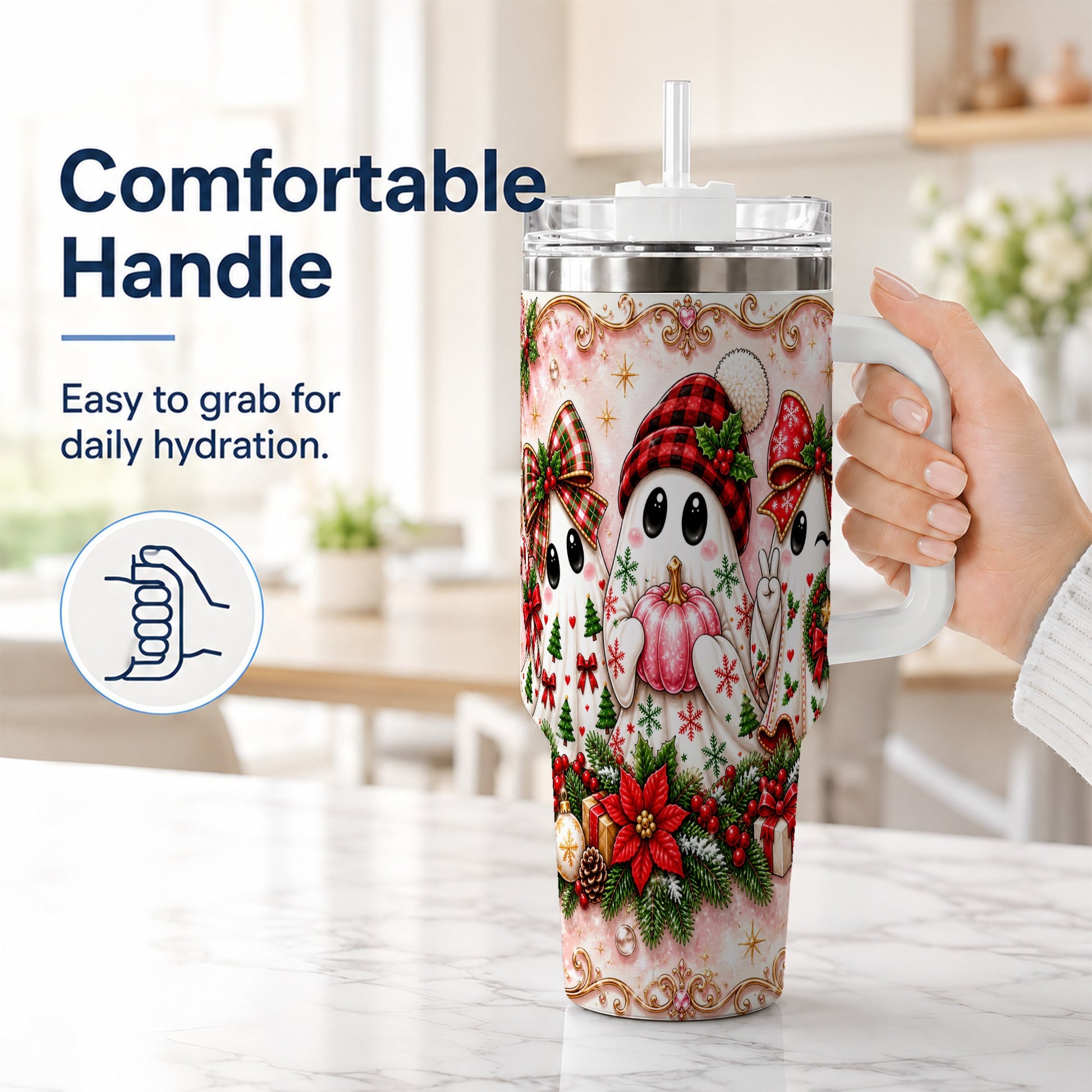 #pl[40oz|White] Pink Ghost 40oz Tumbler with Handle, Christmas Stainless Steel Travel Cup