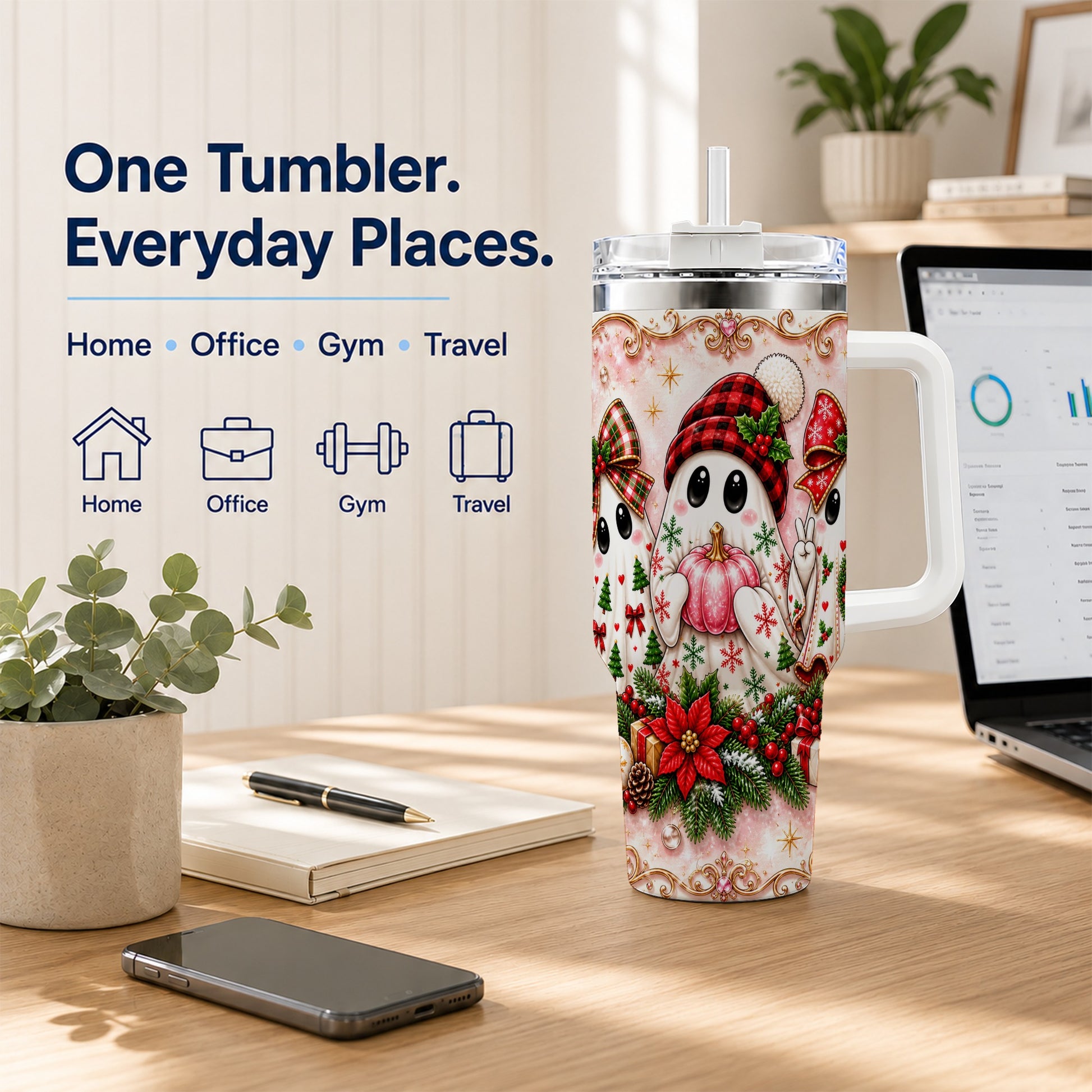 #pl[40oz|White] Pink Ghost 40oz Tumbler with Handle, Christmas Stainless Steel Travel Cup