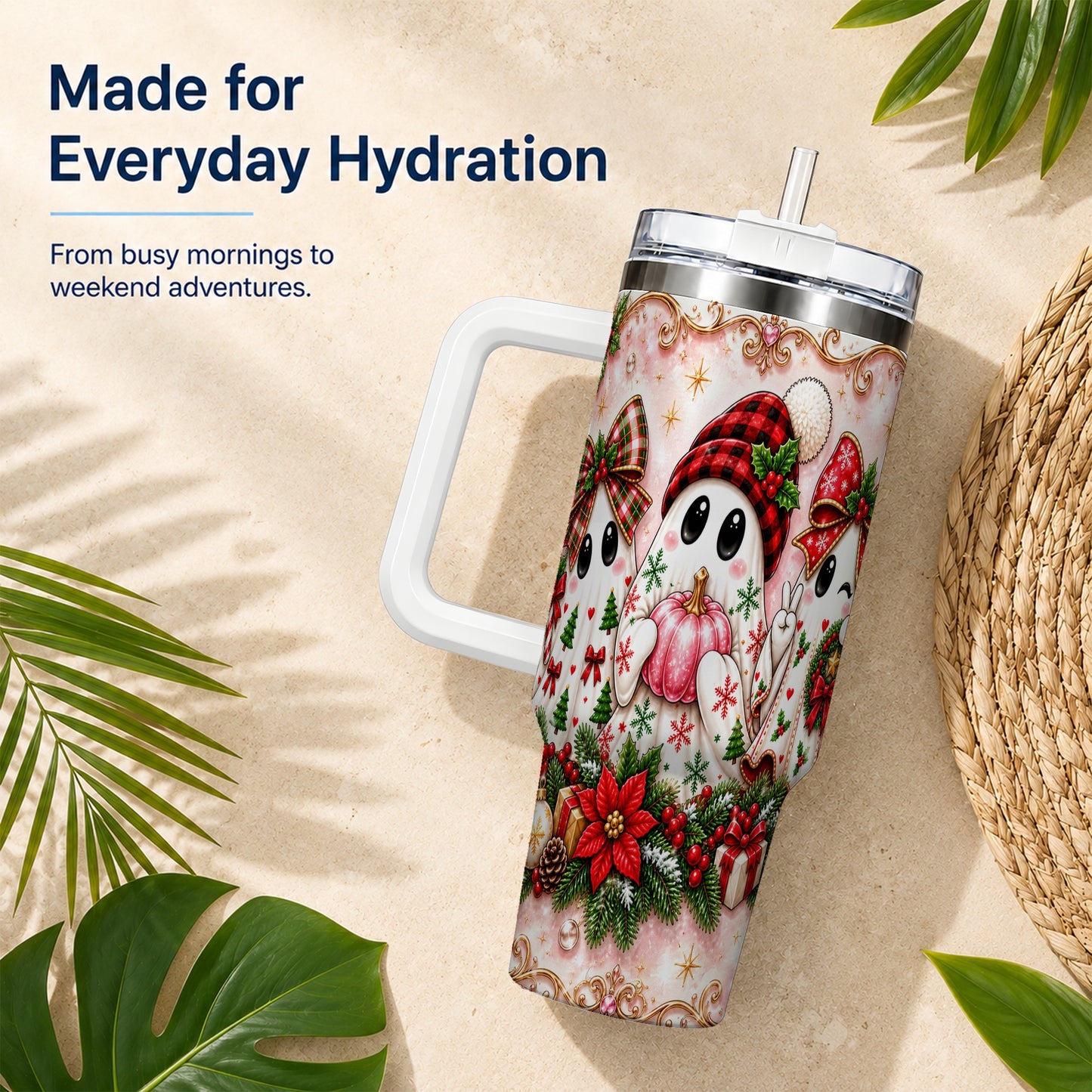 #pl[40oz|White] Pink Ghost 40oz Tumbler with Handle, Christmas Stainless Steel Travel Cup