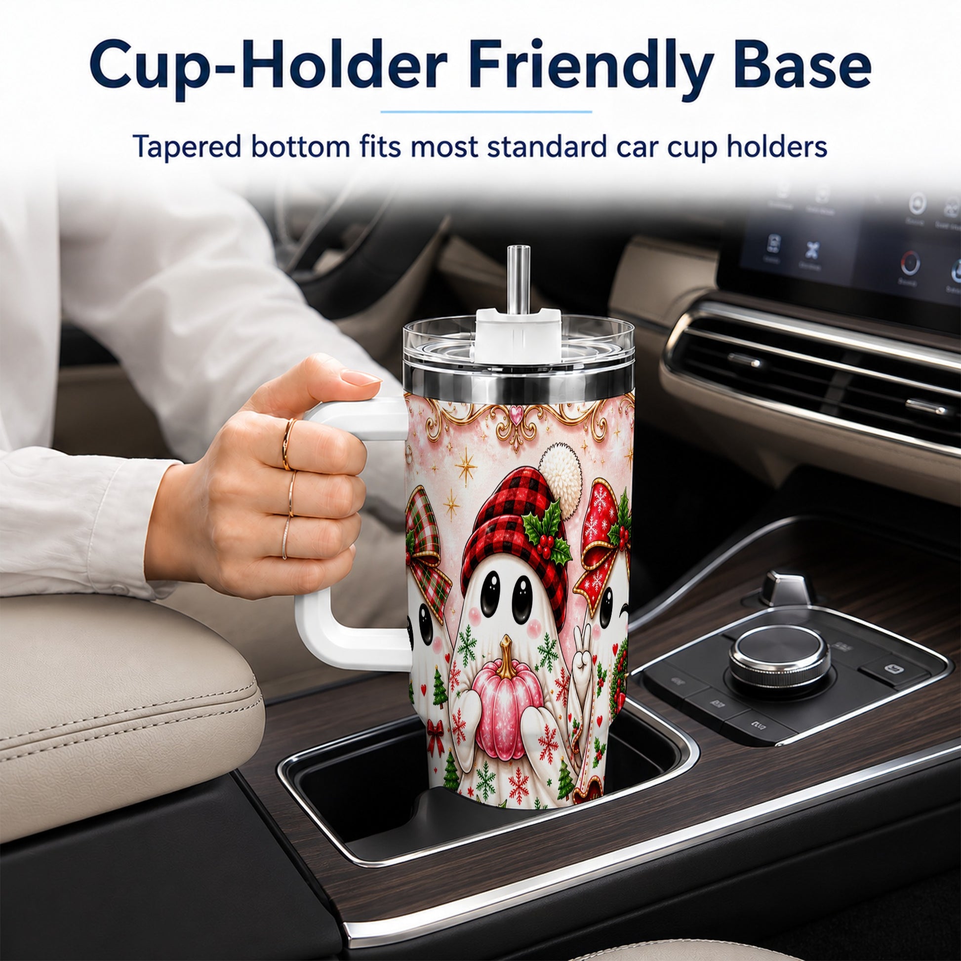 #pl[40oz|White] Pink Ghost 40oz Tumbler with Handle, Christmas Stainless Steel Travel Cup