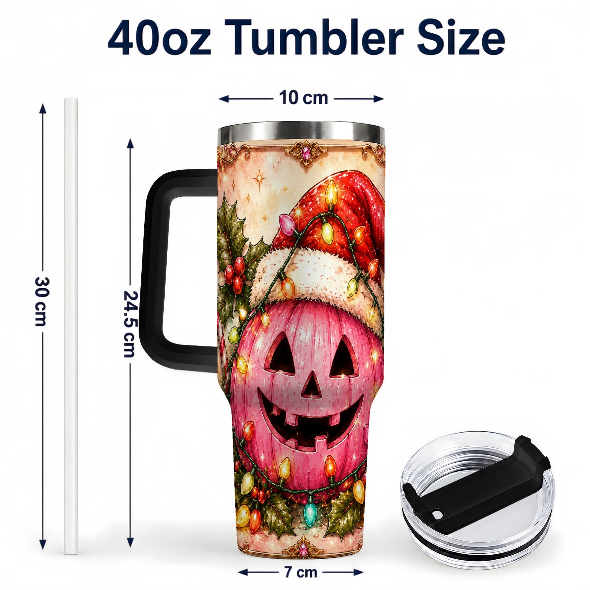 #pl[40oz|Black] Pink Pumpkin 40oz Tumbler with Handle, Christmas Stainless Steel Travel Cup