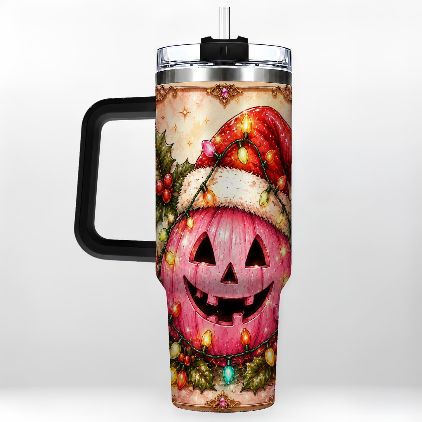 #pl[40oz|Black] Pink Pumpkin 40oz Tumbler with Handle, Christmas Stainless Steel Travel Cup