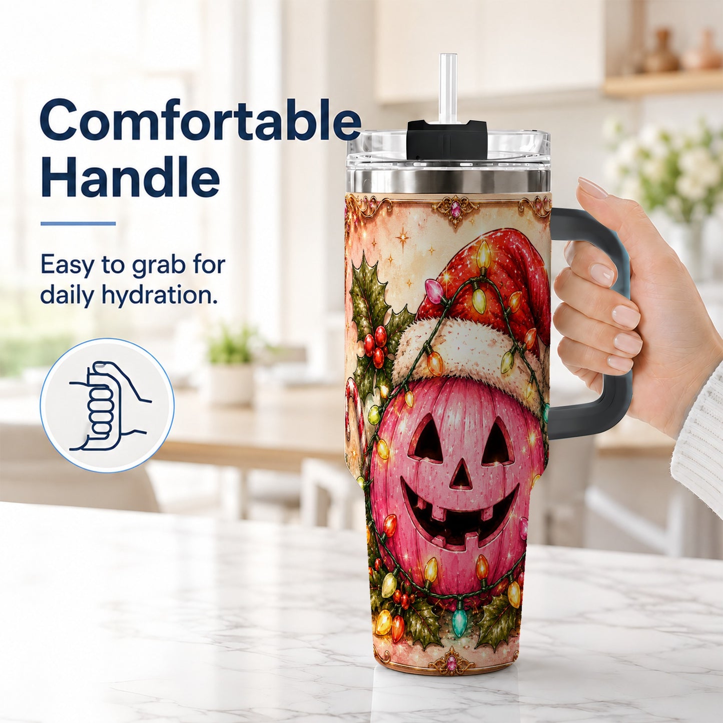 #pl[40oz|Black] Pink Pumpkin 40oz Tumbler with Handle, Christmas Stainless Steel Travel Cup