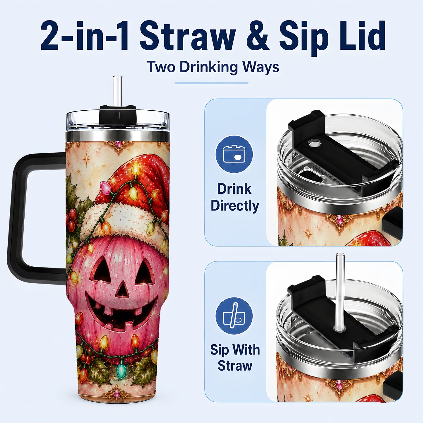 #pl[40oz|Black] Pink Pumpkin 40oz Tumbler with Handle, Christmas Stainless Steel Travel Cup
