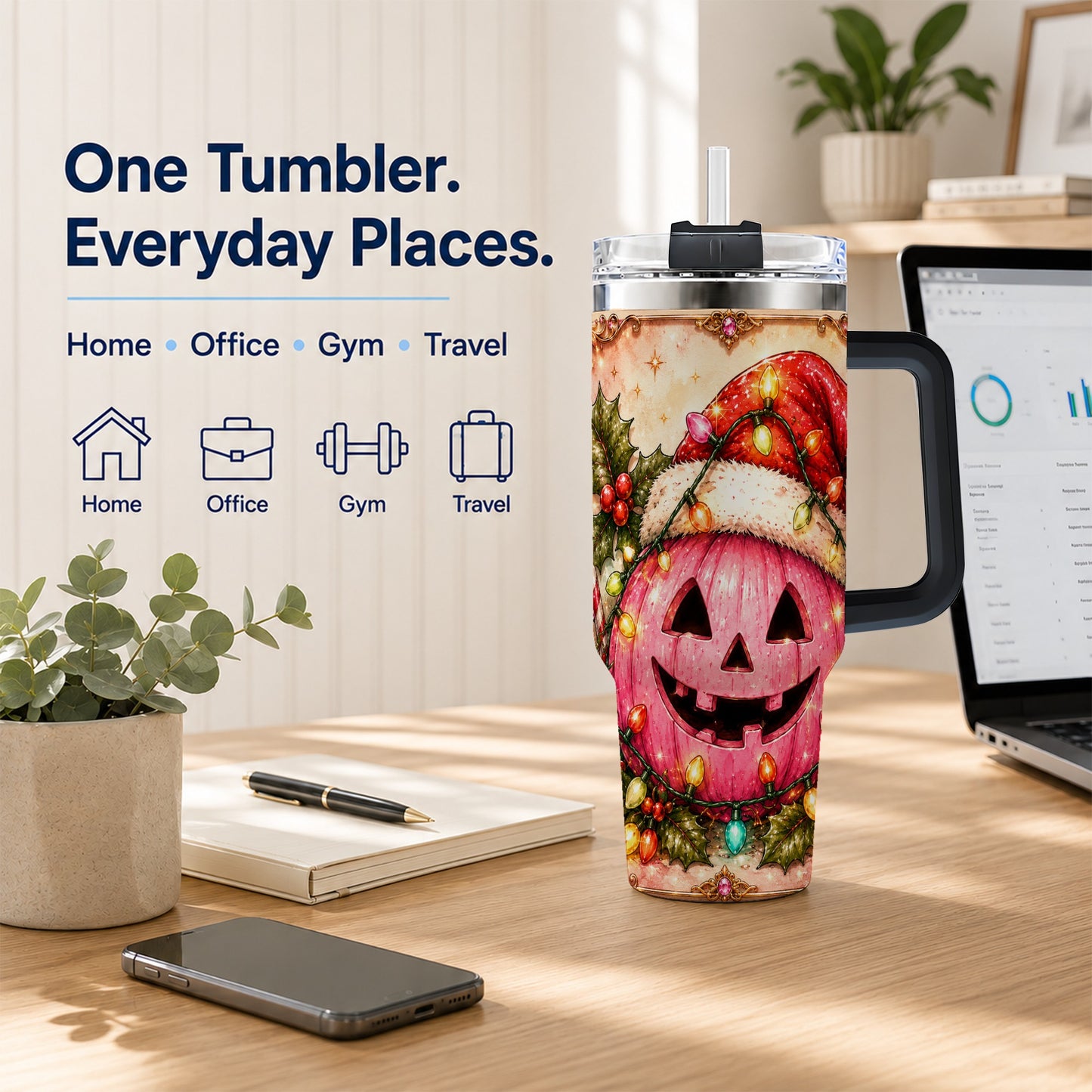 #pl[40oz|Black] Pink Pumpkin 40oz Tumbler with Handle, Christmas Stainless Steel Travel Cup