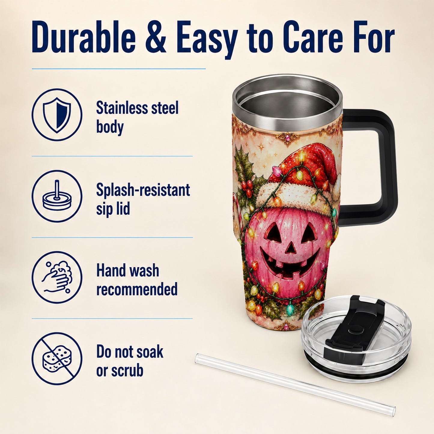#pl[40oz|Black] Pink Pumpkin 40oz Tumbler with Handle, Christmas Stainless Steel Travel Cup