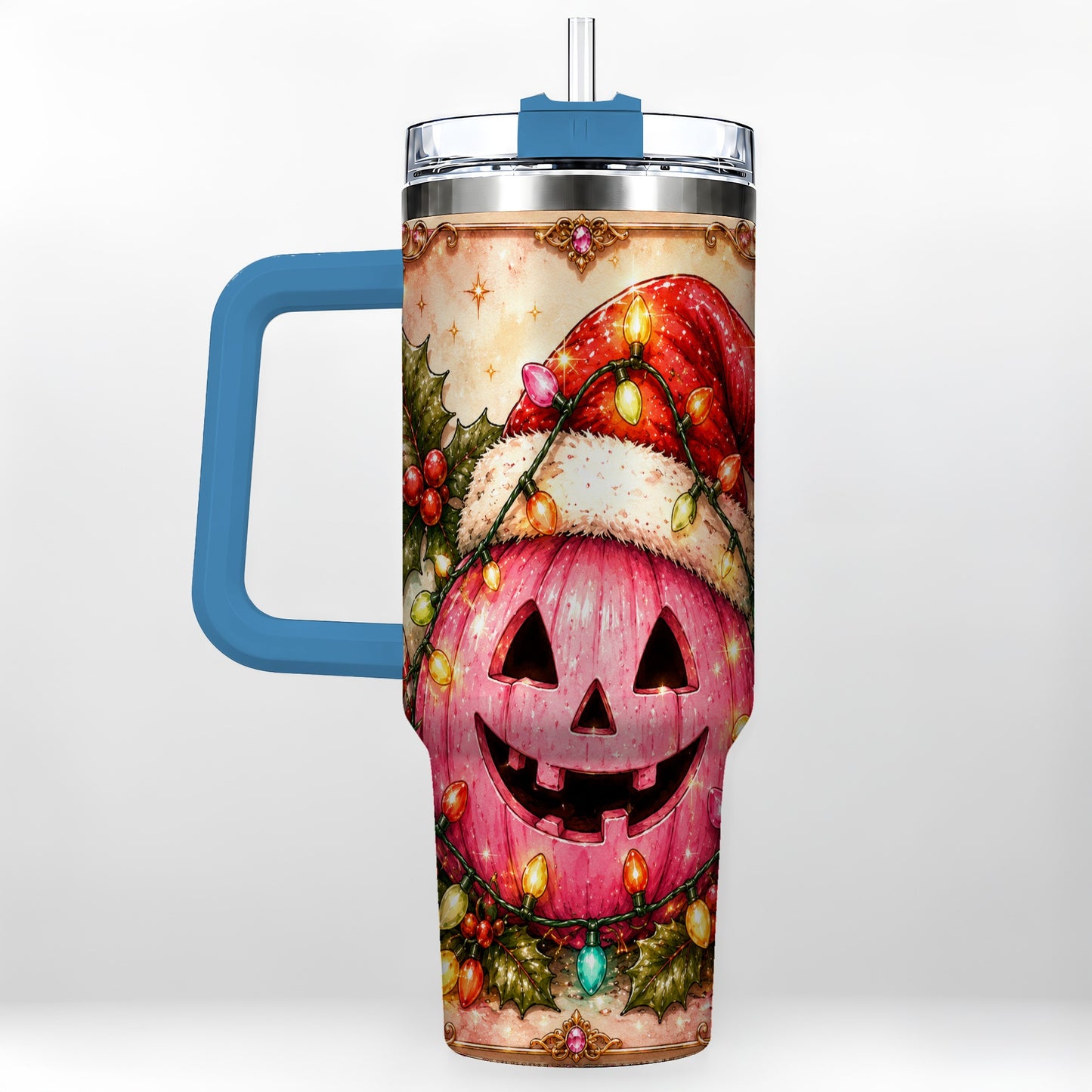 #pl[40oz|Blue] Pink Pumpkin 40oz Tumbler with Handle, Christmas Stainless Steel Travel Cup