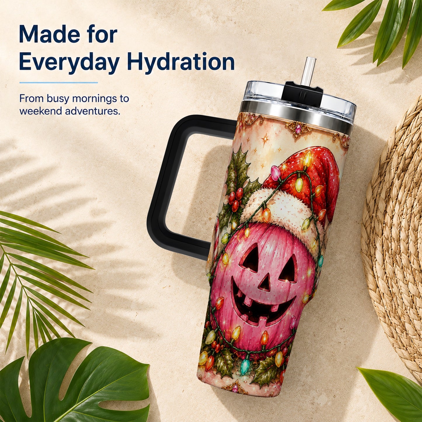 #pl[40oz|Black] Pink Pumpkin 40oz Tumbler with Handle, Christmas Stainless Steel Travel Cup