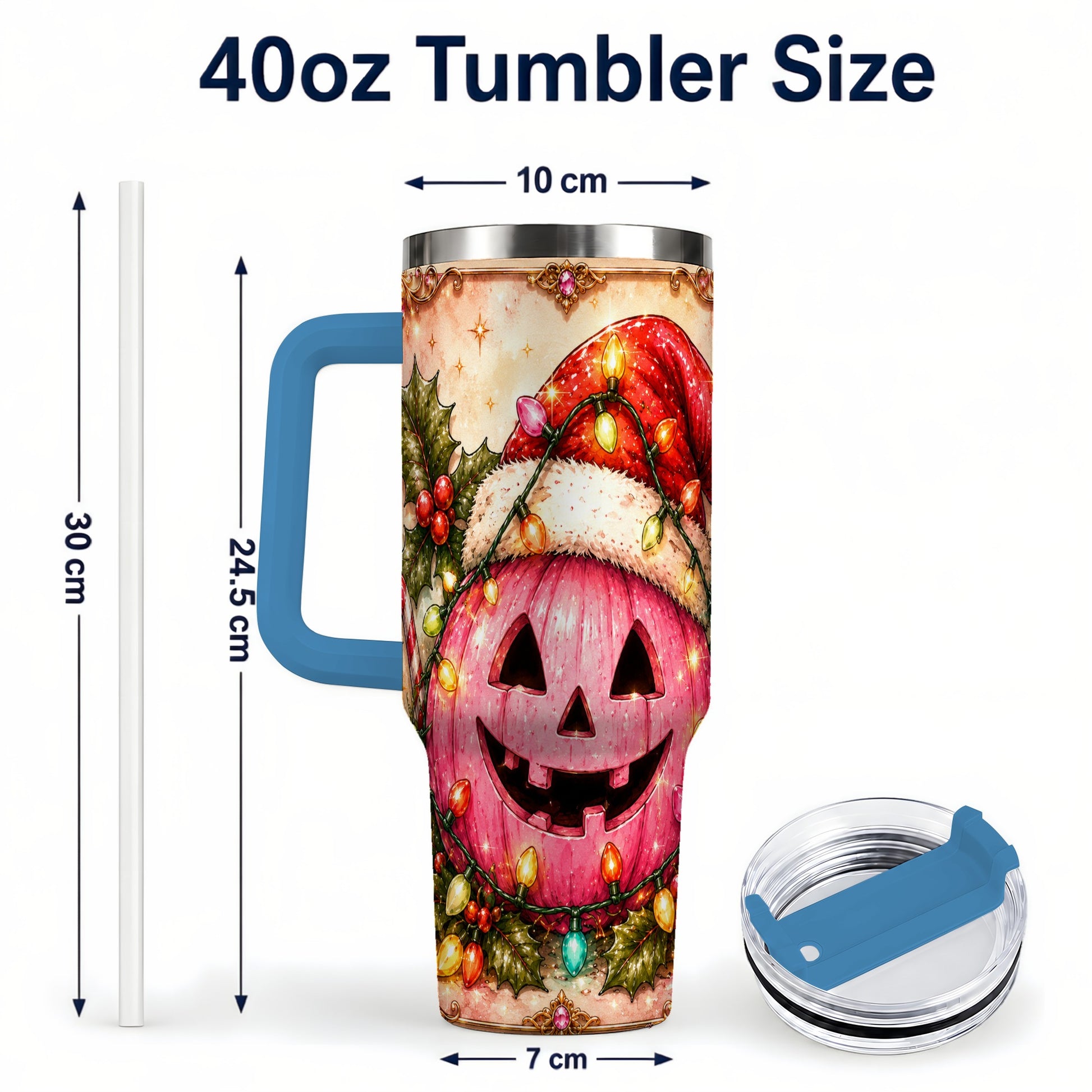 #pl[40oz|Blue] Pink Pumpkin 40oz Tumbler with Handle, Christmas Stainless Steel Travel Cup