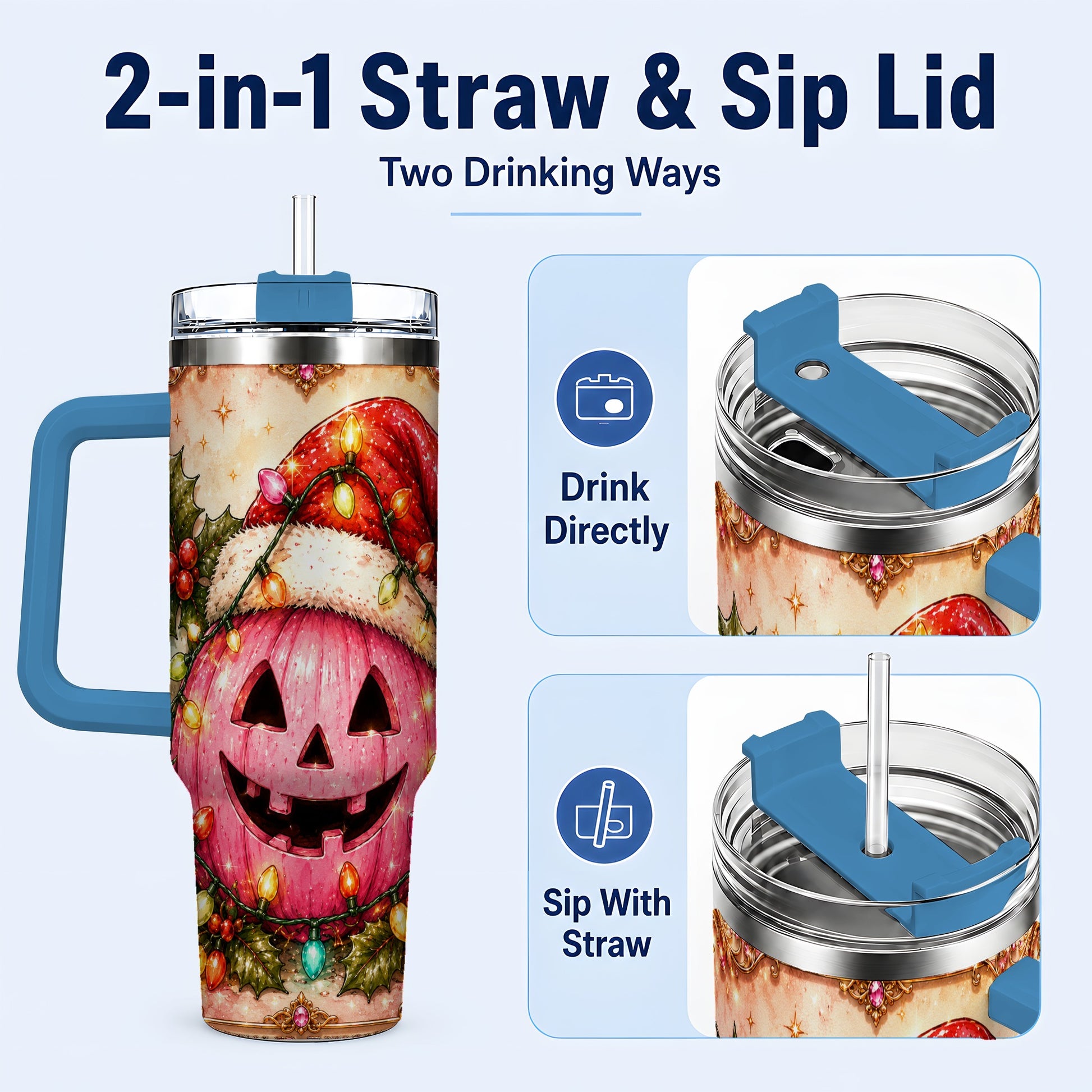#pl[40oz|Blue] Pink Pumpkin 40oz Tumbler with Handle, Christmas Stainless Steel Travel Cup