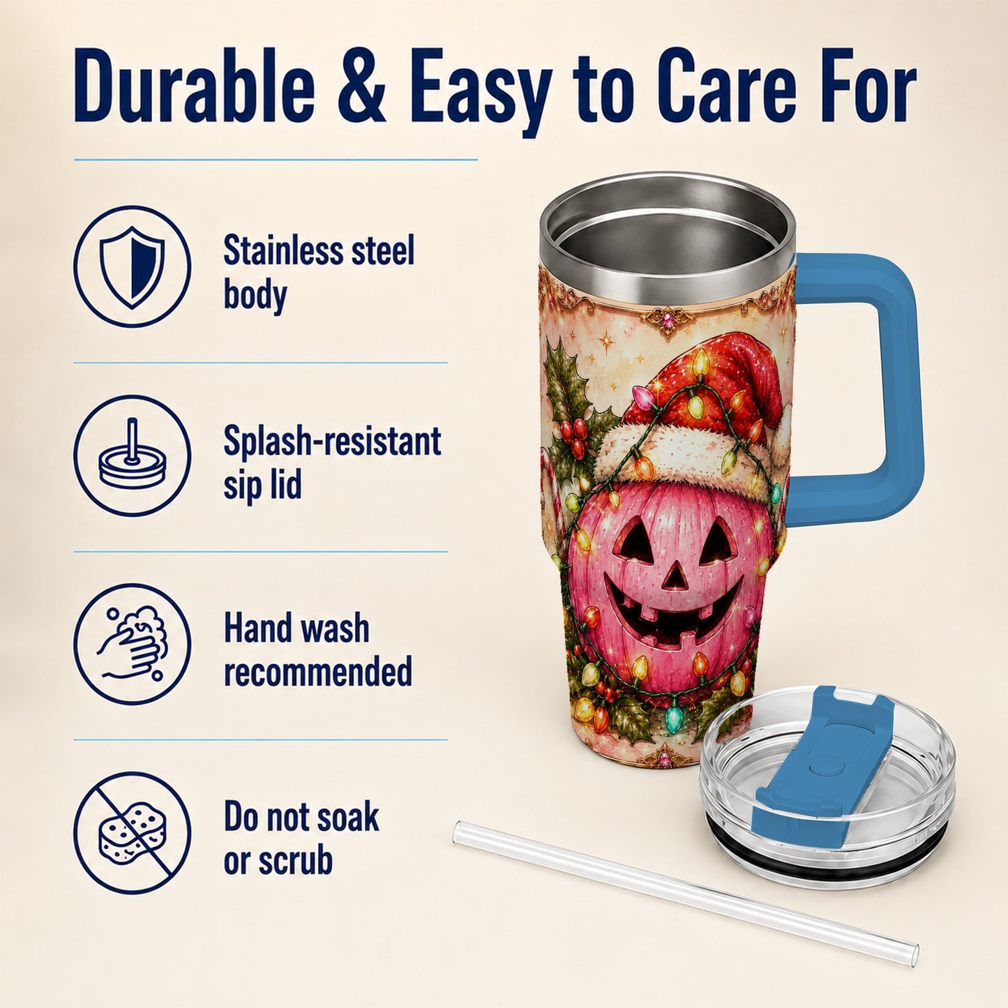 #pl[40oz|Blue] Pink Pumpkin 40oz Tumbler with Handle, Christmas Stainless Steel Travel Cup
