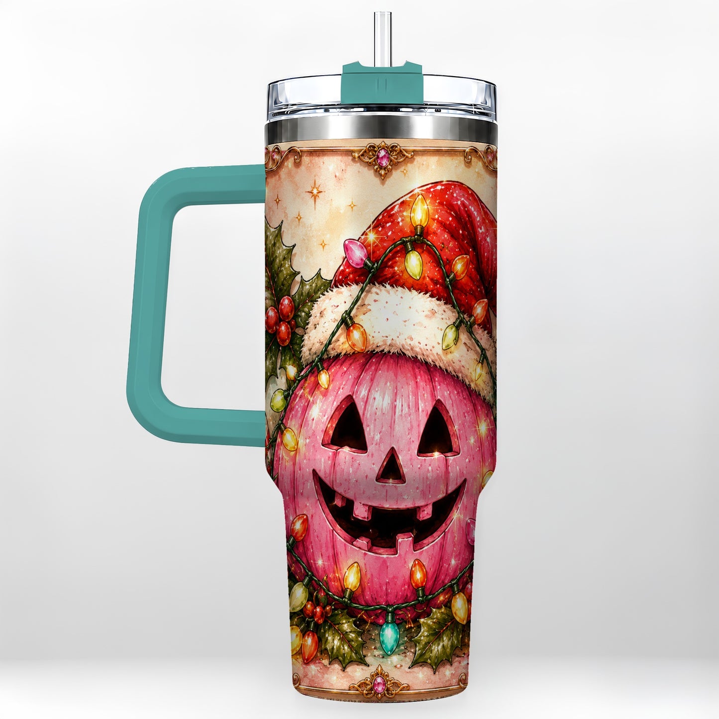 #pl[40oz|Green] Pink Pumpkin 40oz Tumbler with Handle, Christmas Stainless Steel Travel Cup