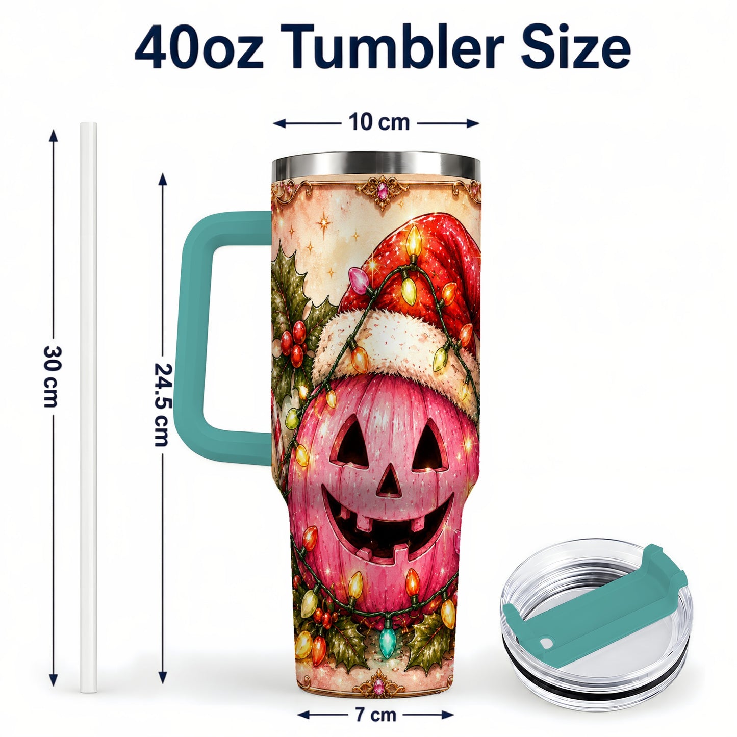 #pl[40oz|Green] Pink Pumpkin 40oz Tumbler with Handle, Christmas Stainless Steel Travel Cup