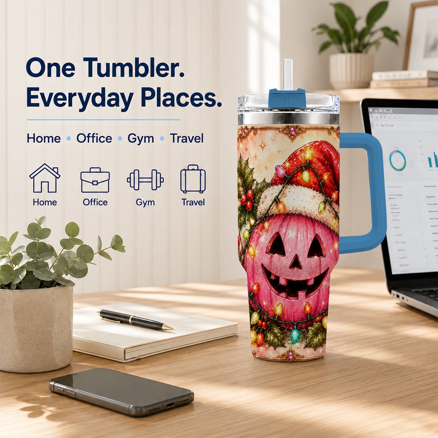 #pl[40oz|Blue] Pink Pumpkin 40oz Tumbler with Handle, Christmas Stainless Steel Travel Cup