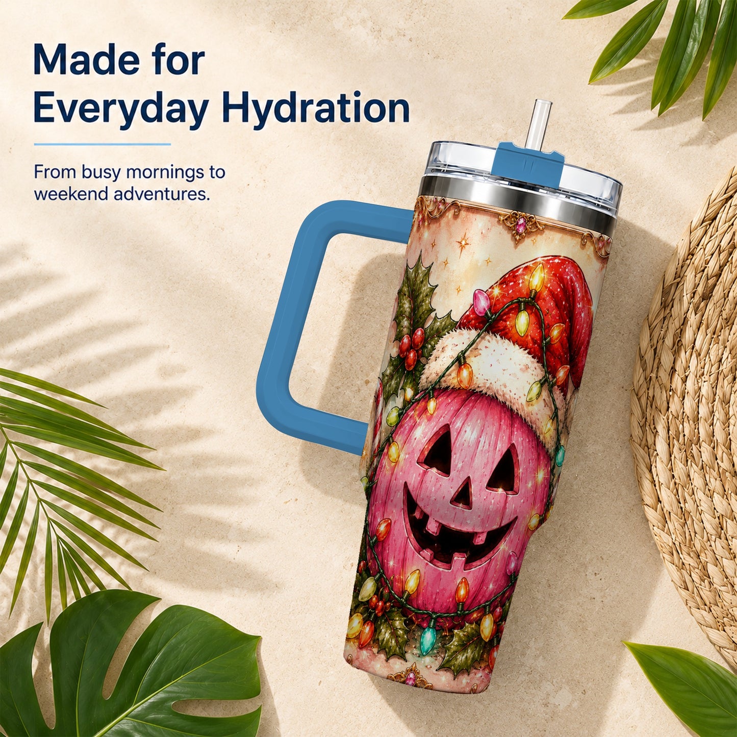 #pl[40oz|Blue] Pink Pumpkin 40oz Tumbler with Handle, Christmas Stainless Steel Travel Cup