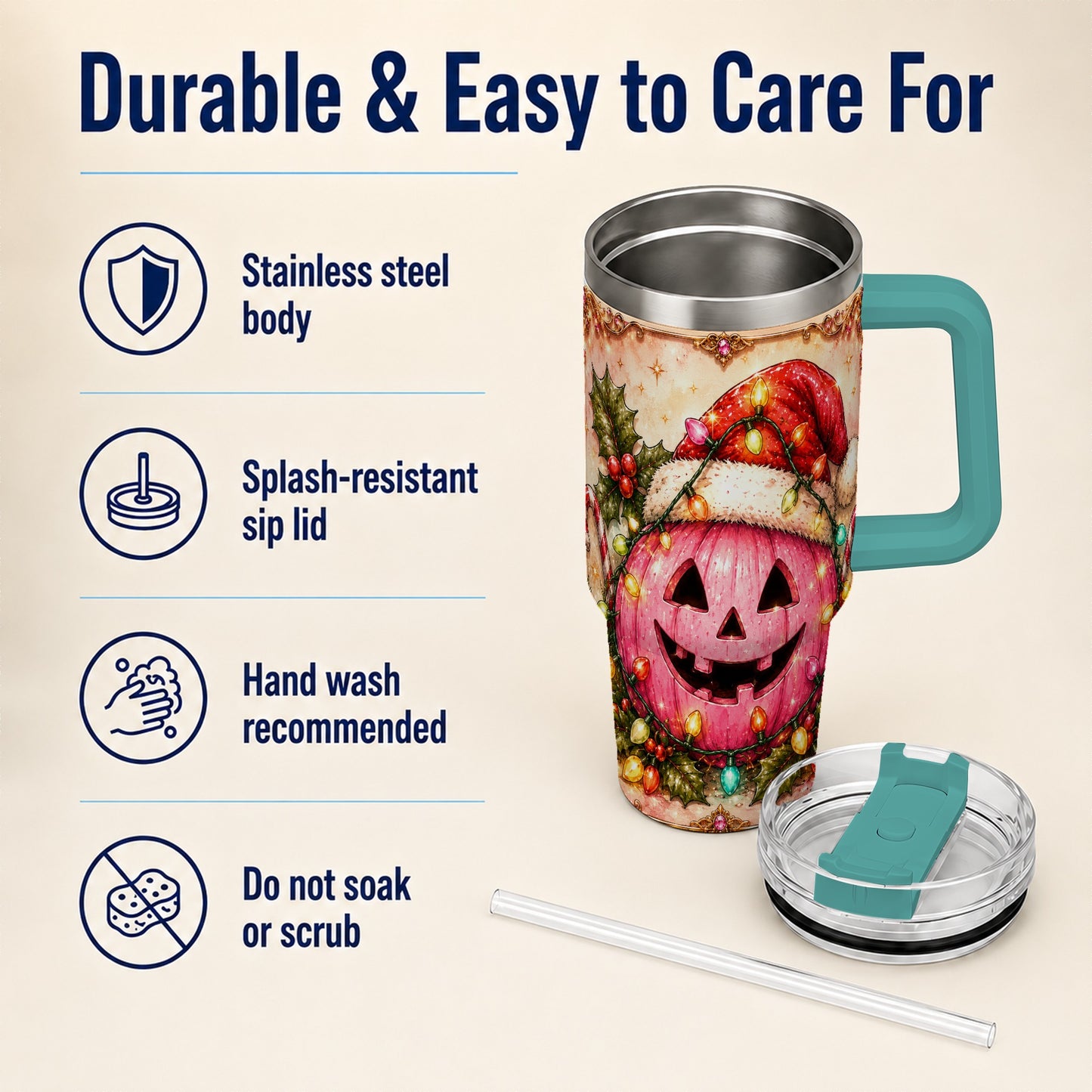 #pl[40oz|Green] Pink Pumpkin 40oz Tumbler with Handle, Christmas Stainless Steel Travel Cup