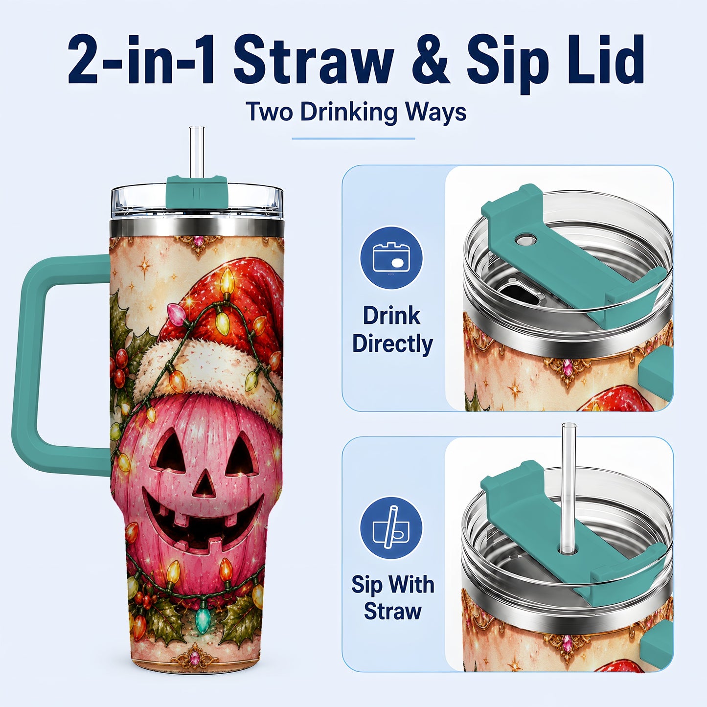 #pl[40oz|Green] Pink Pumpkin 40oz Tumbler with Handle, Christmas Stainless Steel Travel Cup