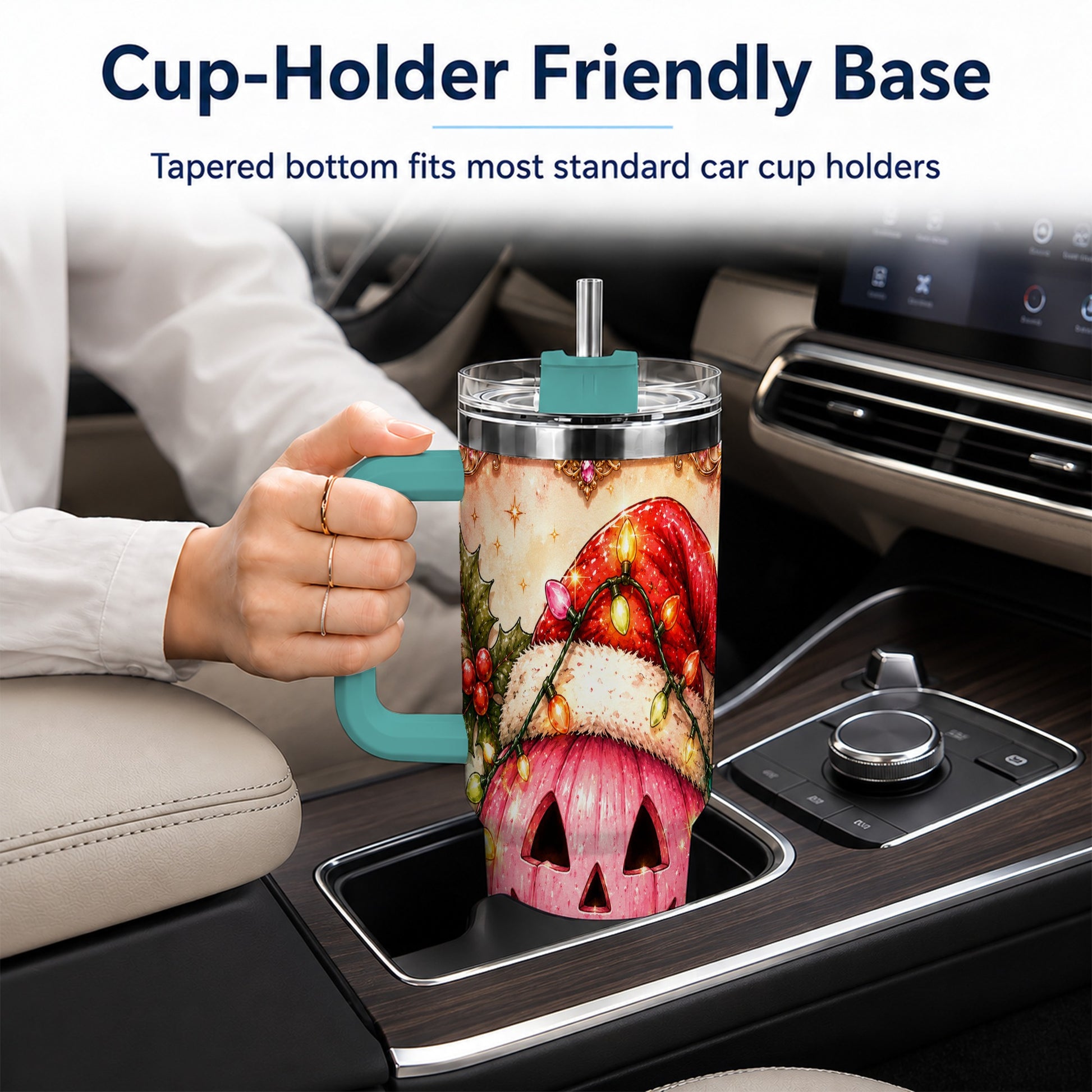 #pl[40oz|Green] Pink Pumpkin 40oz Tumbler with Handle, Christmas Stainless Steel Travel Cup