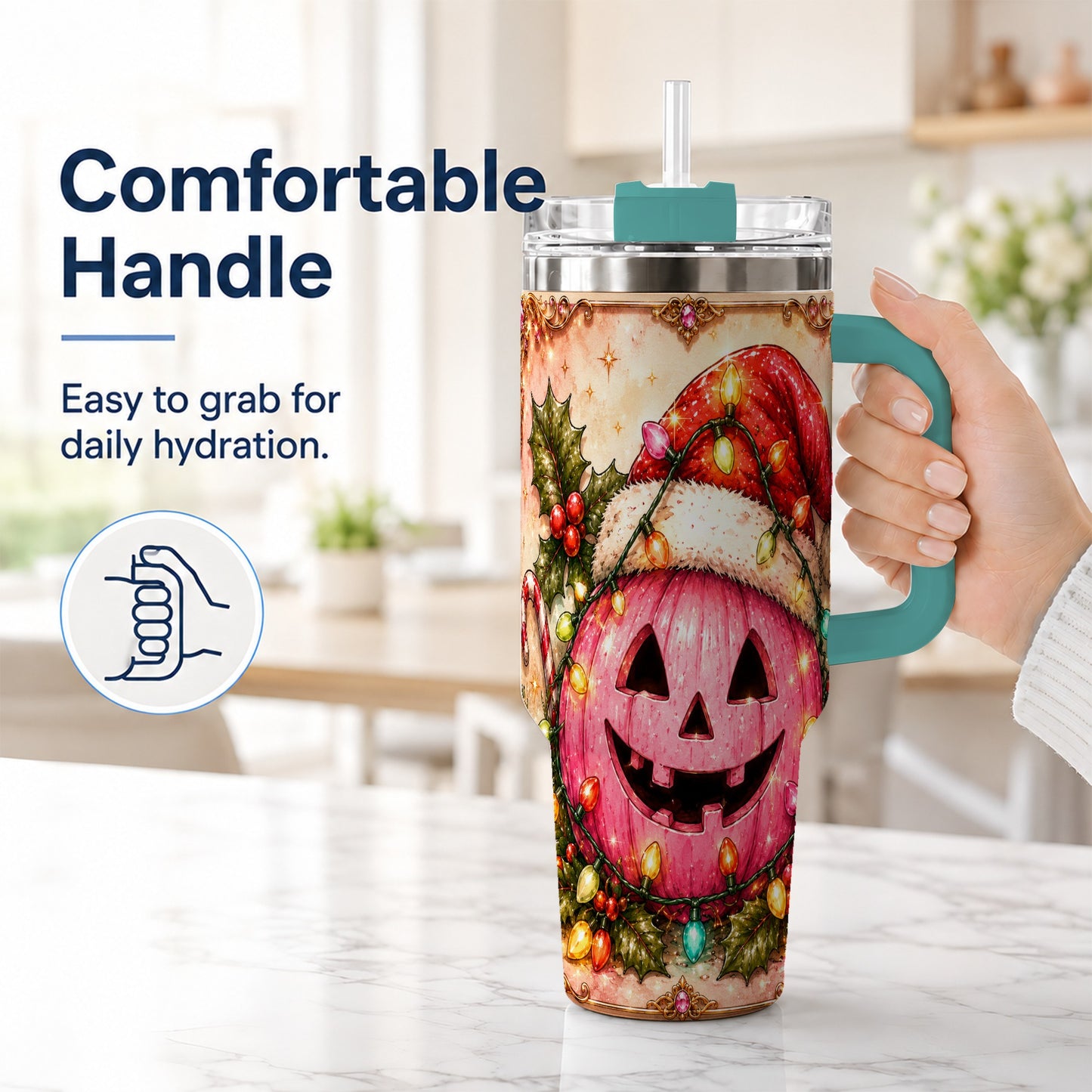 #pl[40oz|Green] Pink Pumpkin 40oz Tumbler with Handle, Christmas Stainless Steel Travel Cup