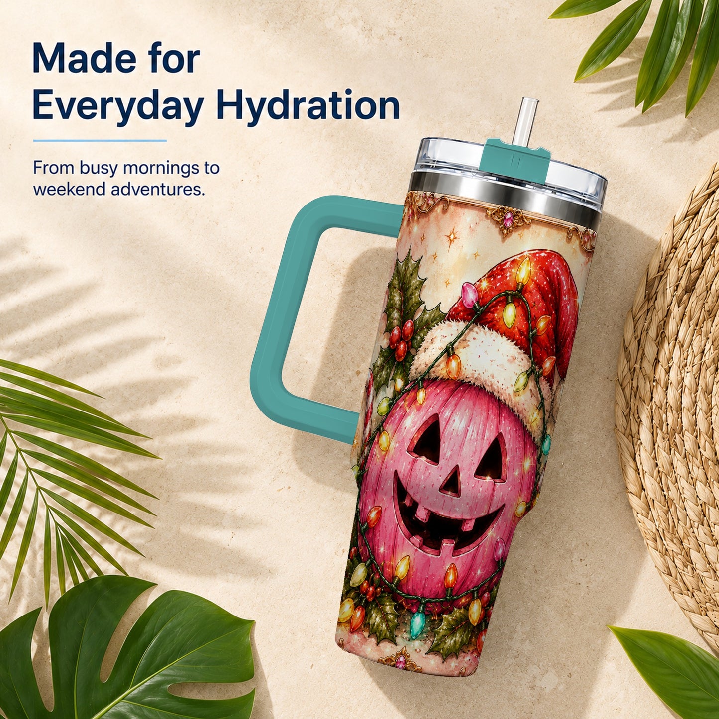 #pl[40oz|Green] Pink Pumpkin 40oz Tumbler with Handle, Christmas Stainless Steel Travel Cup
