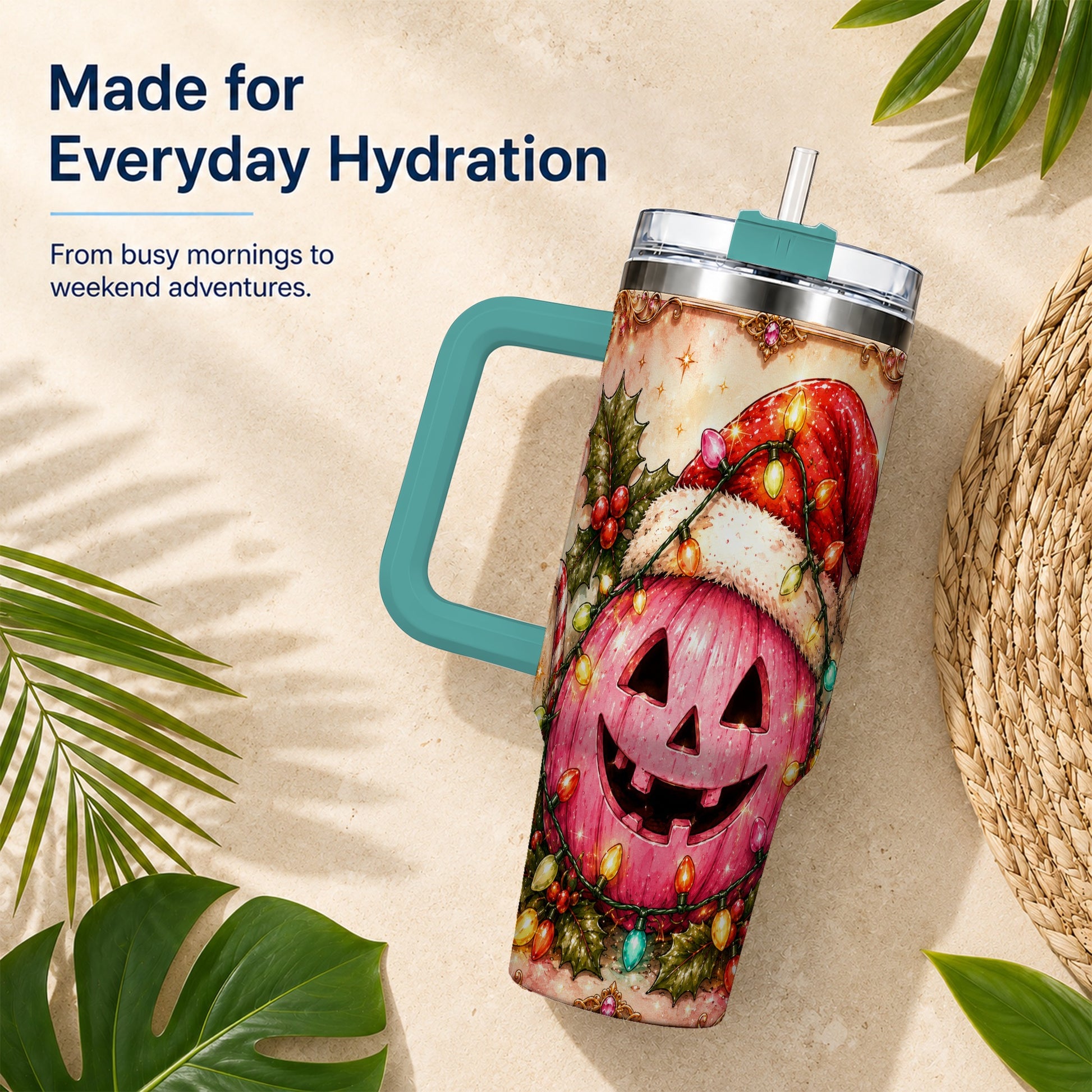 #pl[40oz|Green] Pink Pumpkin 40oz Tumbler with Handle, Christmas Stainless Steel Travel Cup