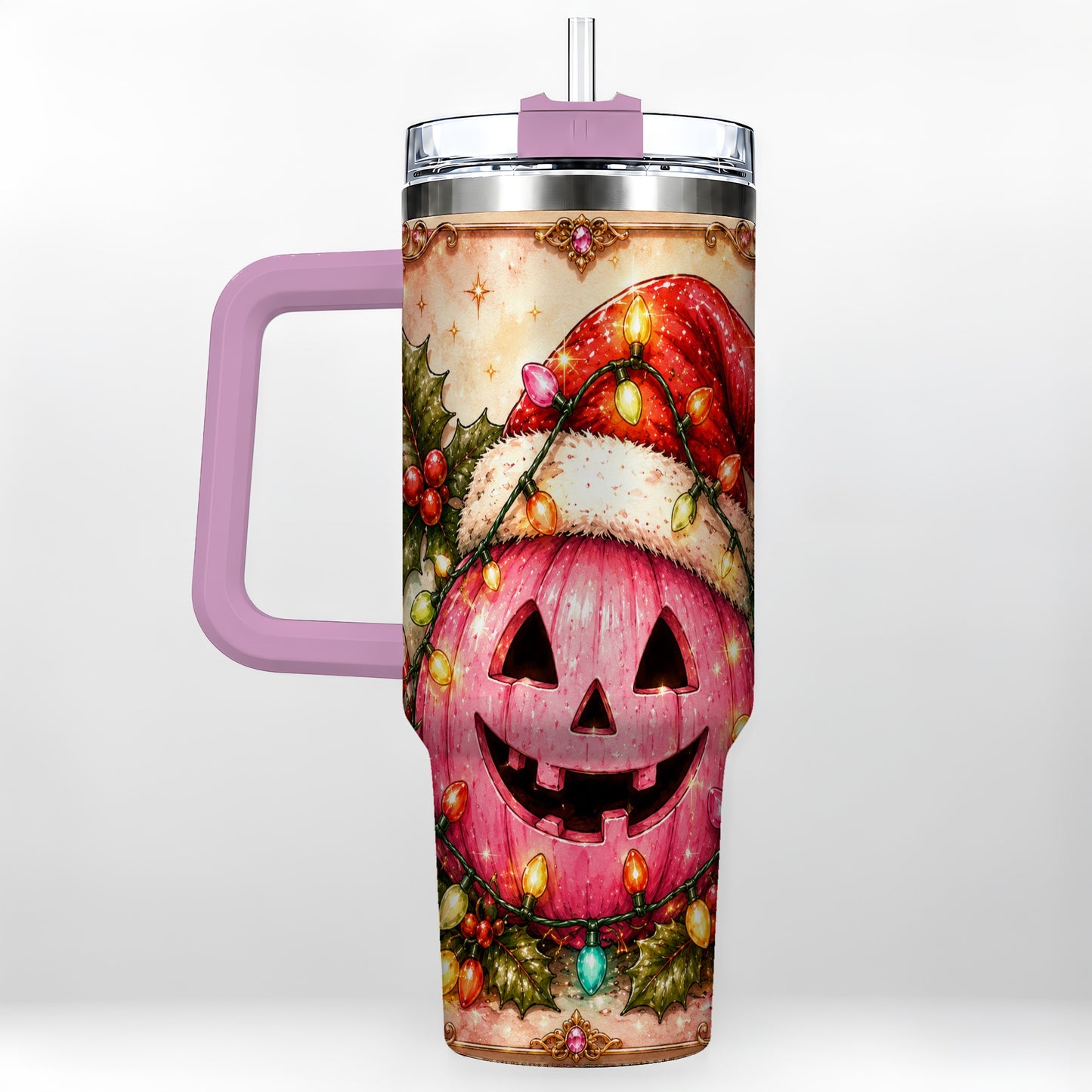 #pl[40oz|Pink] Pink Pumpkin 40oz Tumbler with Handle, Christmas Stainless Steel Travel Cup