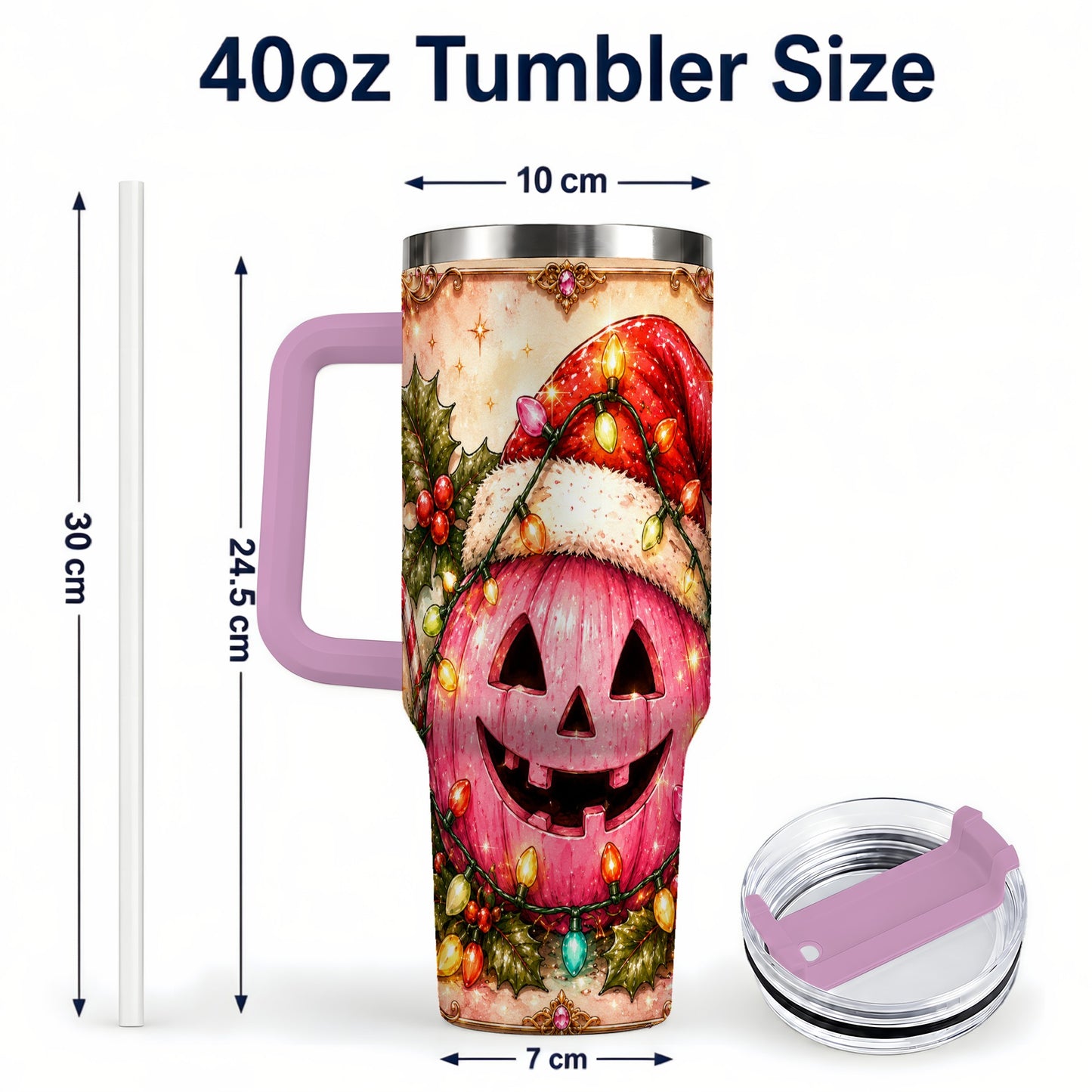 #pl[40oz|Pink] Pink Pumpkin 40oz Tumbler with Handle, Christmas Stainless Steel Travel Cup