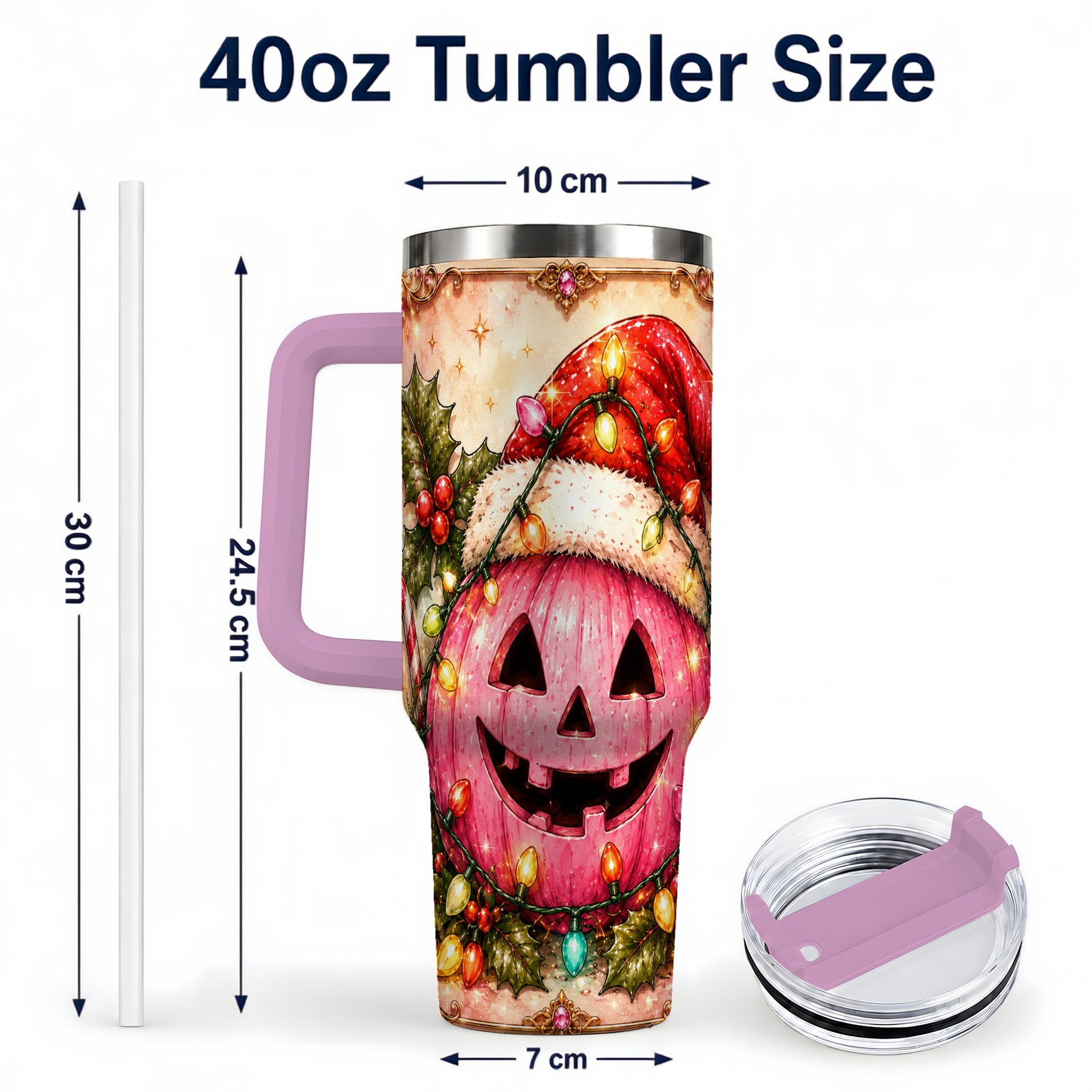 #pl[40oz|Pink] Pink Pumpkin 40oz Tumbler with Handle, Christmas Stainless Steel Travel Cup