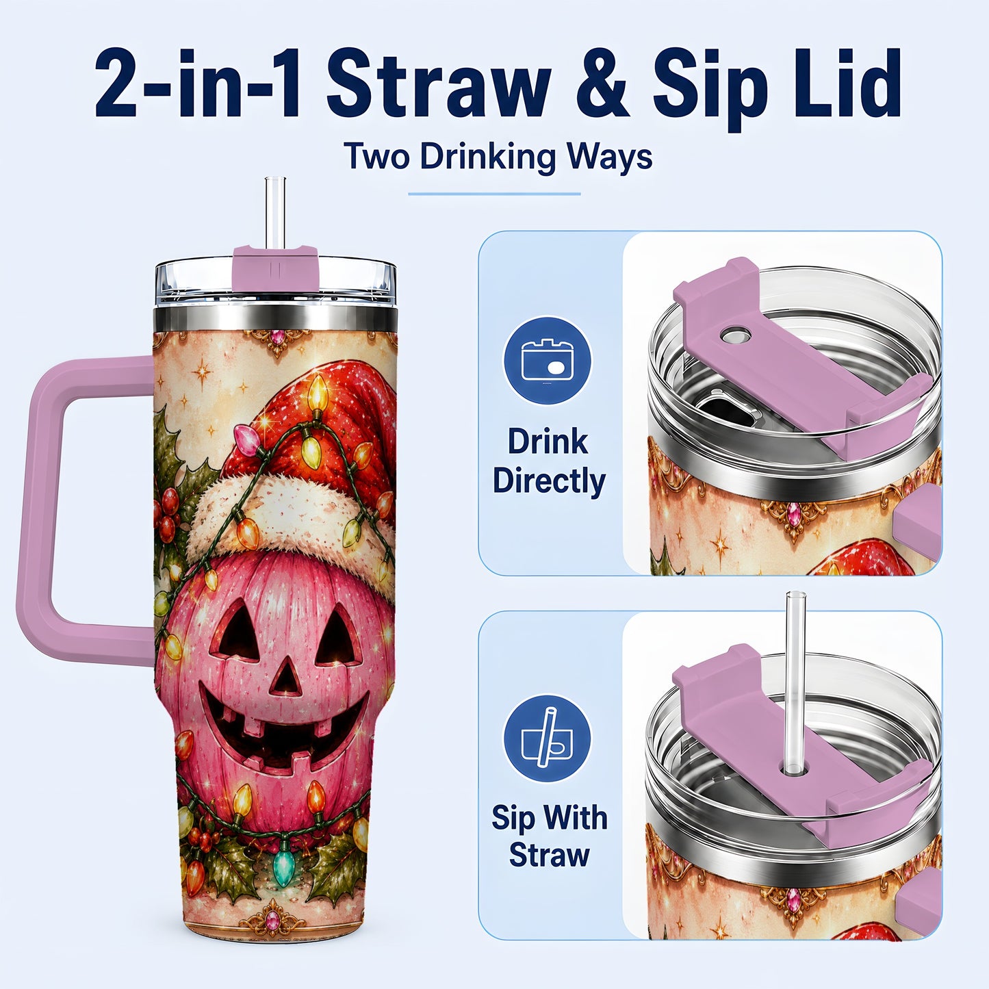 #pl[40oz|Pink] Pink Pumpkin 40oz Tumbler with Handle, Christmas Stainless Steel Travel Cup