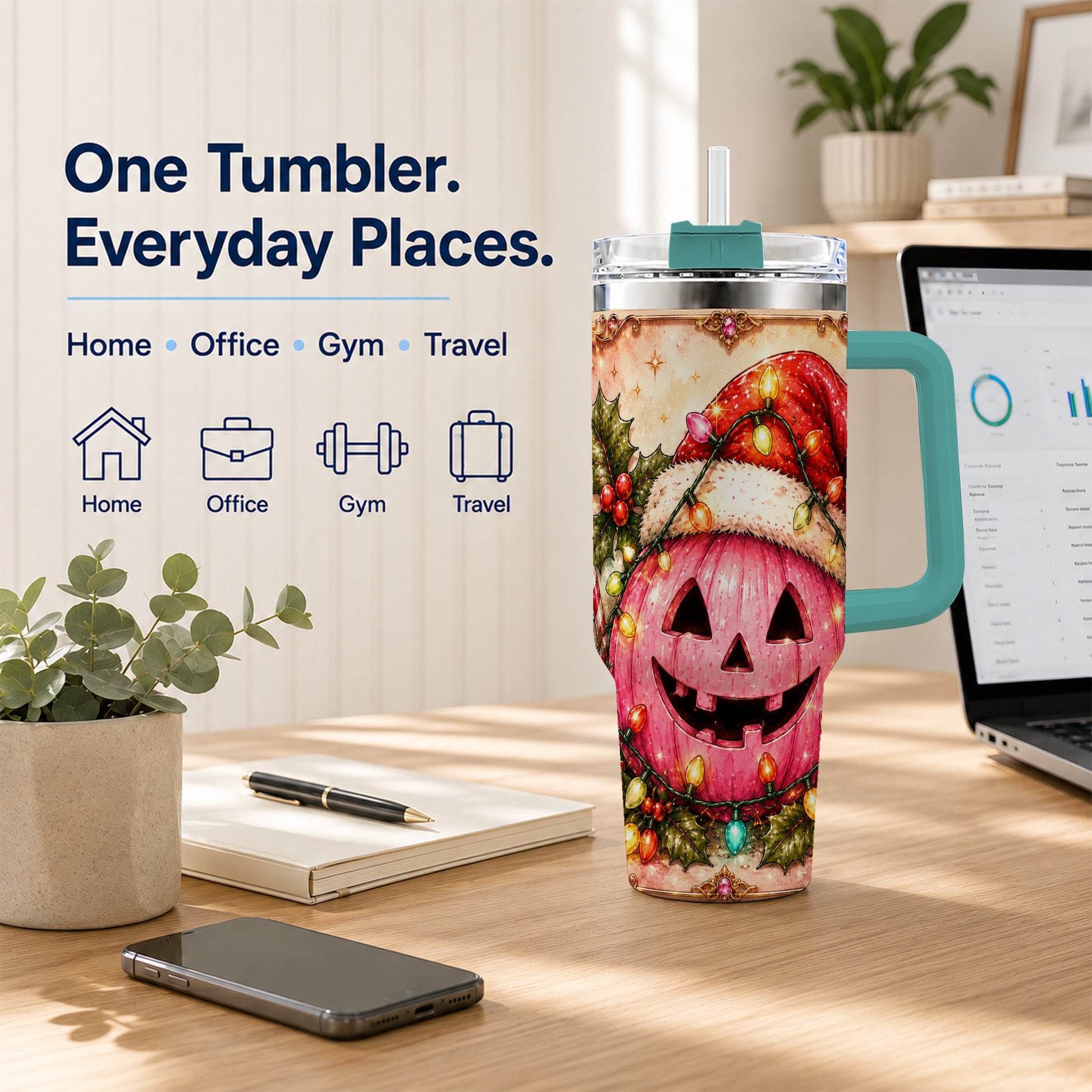 #pl[40oz|Green] Pink Pumpkin 40oz Tumbler with Handle, Christmas Stainless Steel Travel Cup