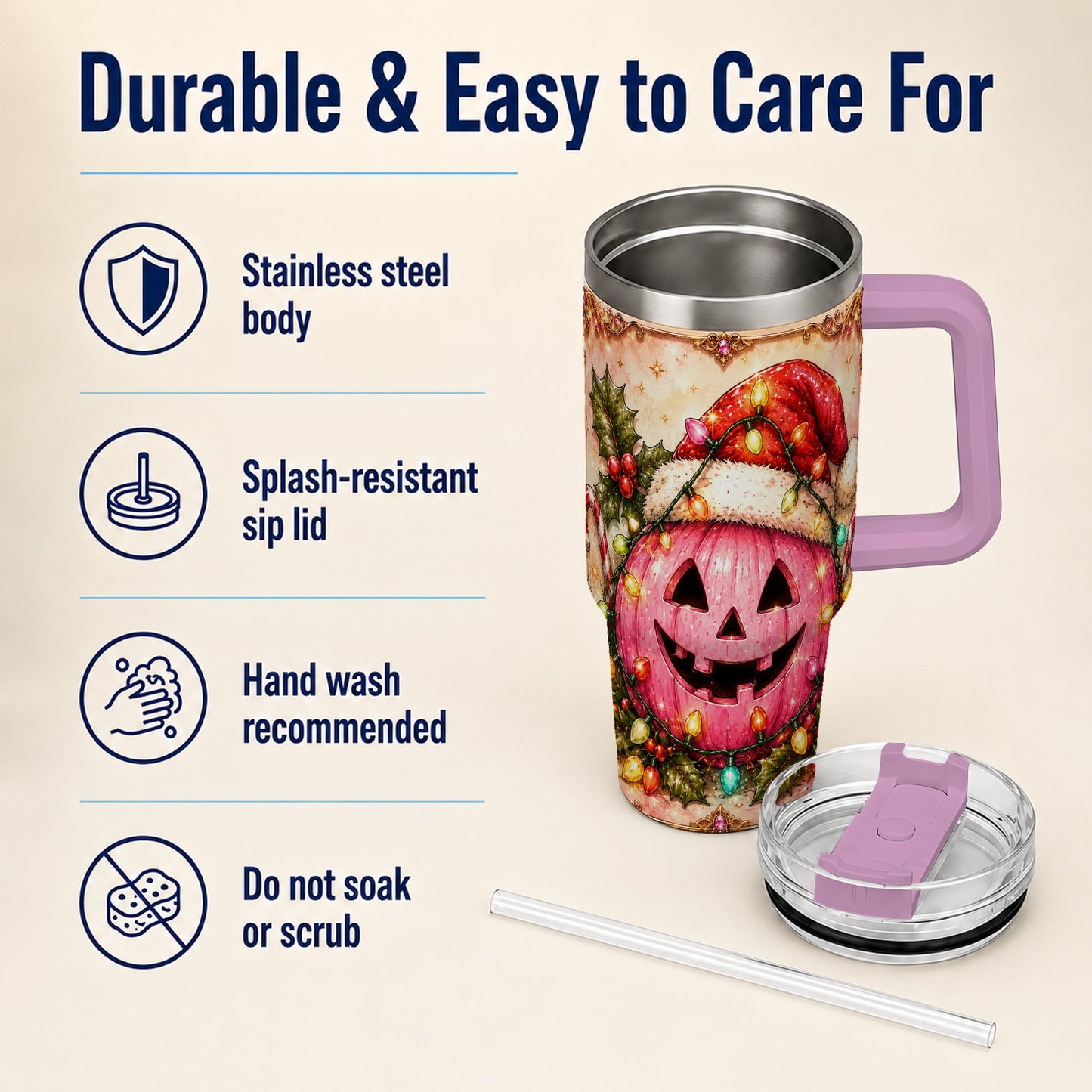 #pl[40oz|Pink] Pink Pumpkin 40oz Tumbler with Handle, Christmas Stainless Steel Travel Cup