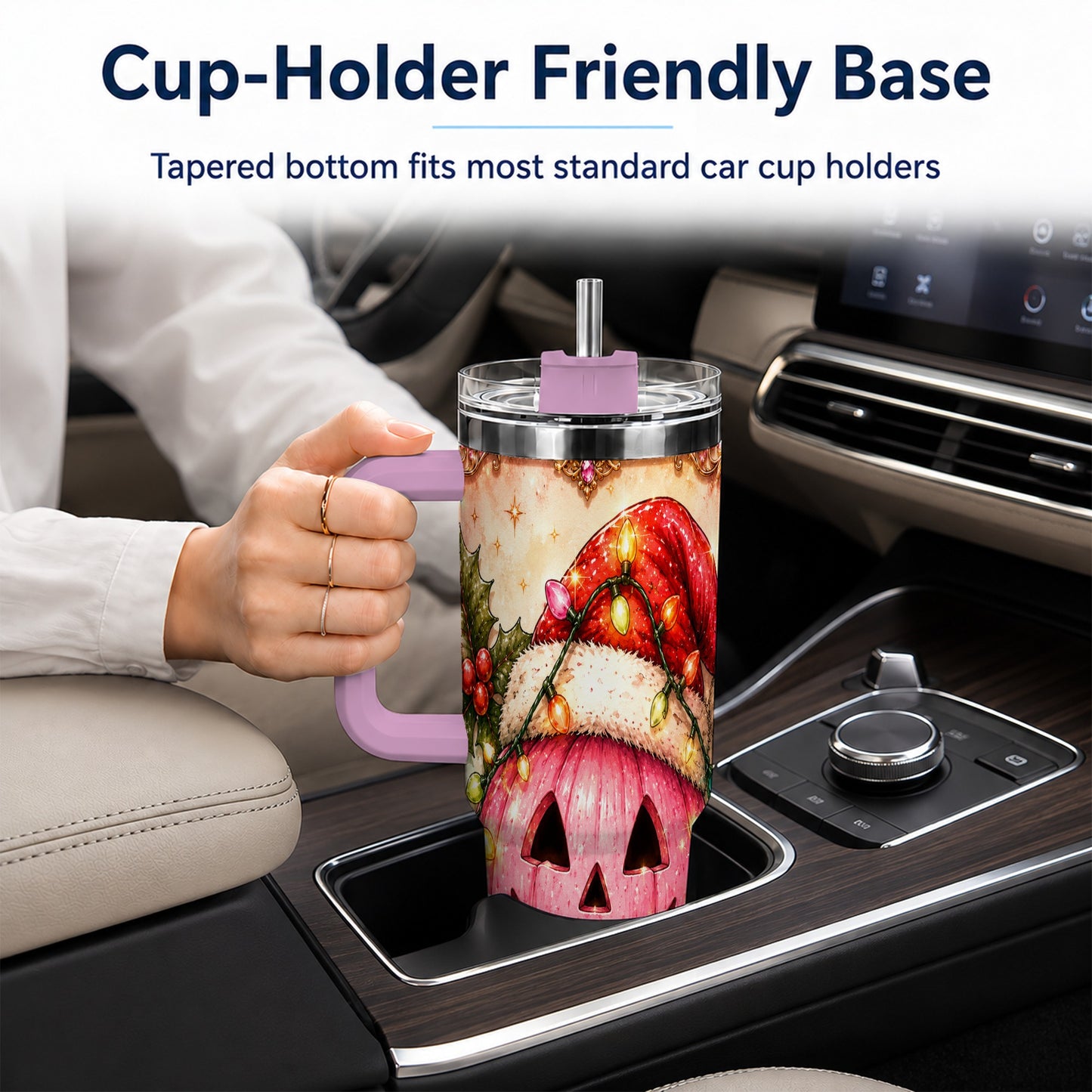 #pl[40oz|Pink] Pink Pumpkin 40oz Tumbler with Handle, Christmas Stainless Steel Travel Cup
