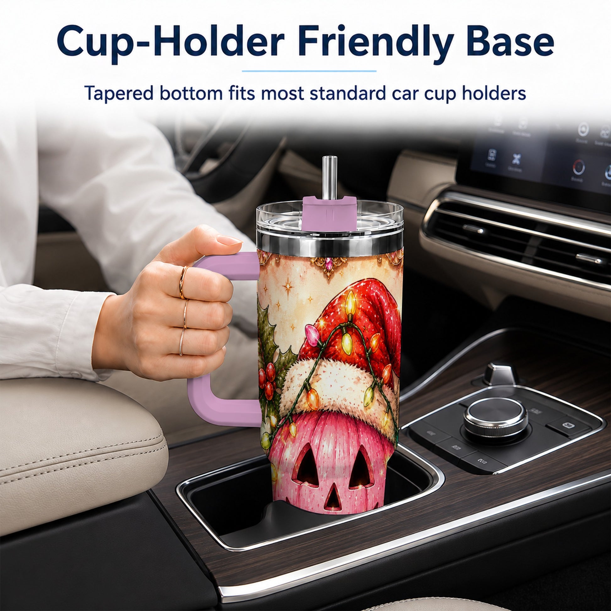 #pl[40oz|Pink] Pink Pumpkin 40oz Tumbler with Handle, Christmas Stainless Steel Travel Cup