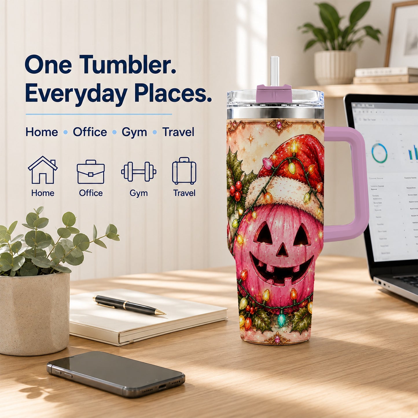 #pl[40oz|Pink] Pink Pumpkin 40oz Tumbler with Handle, Christmas Stainless Steel Travel Cup