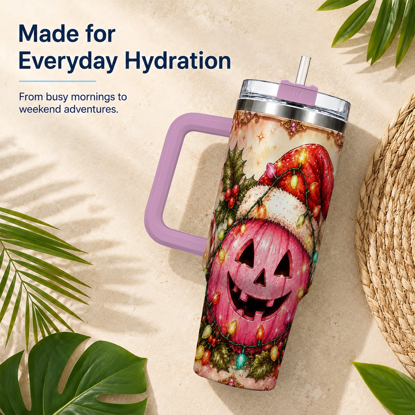 #pl[40oz|Pink] Pink Pumpkin 40oz Tumbler with Handle, Christmas Stainless Steel Travel Cup