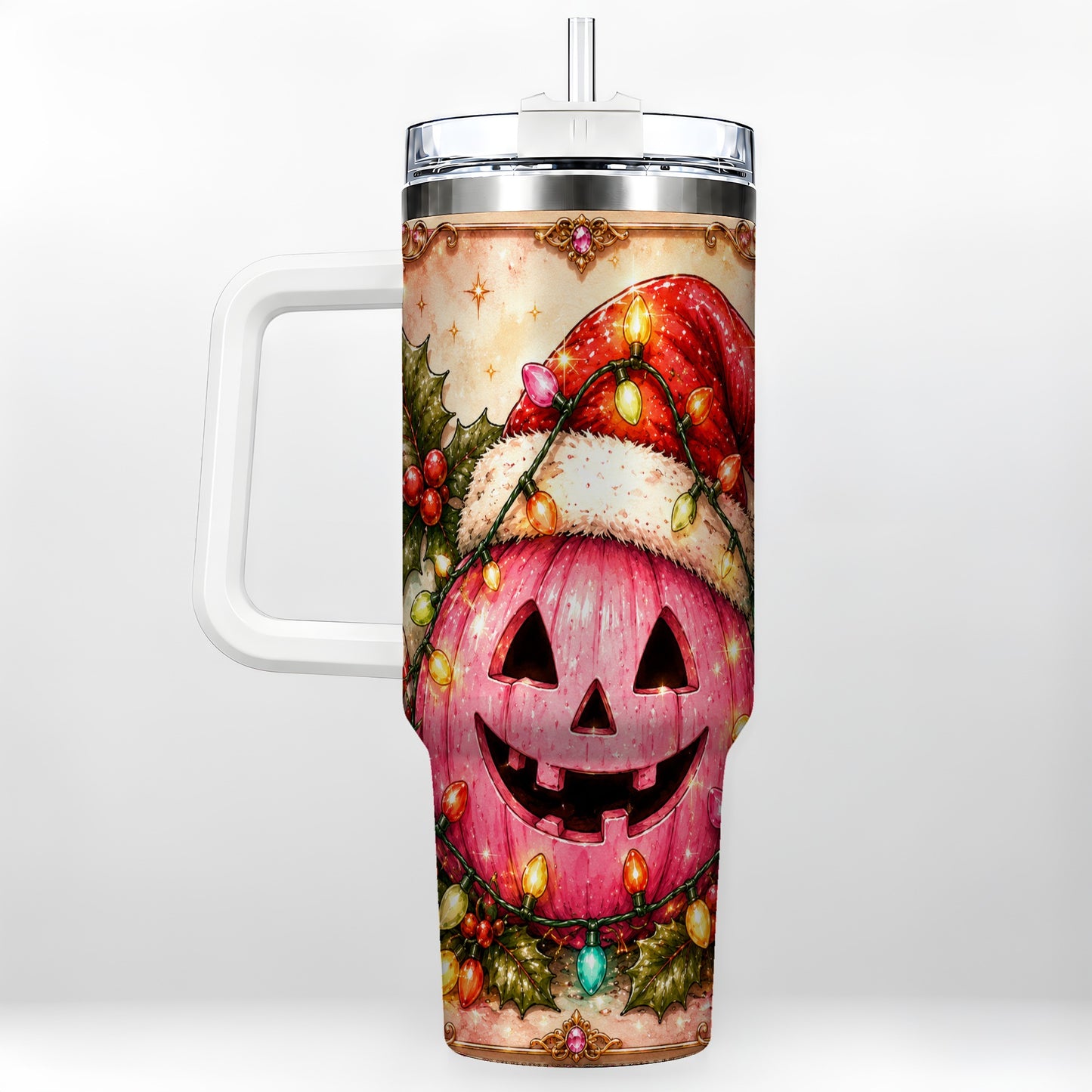 #pl[40oz|White] Pink Pumpkin 40oz Tumbler with Handle, Christmas Stainless Steel Travel Cup