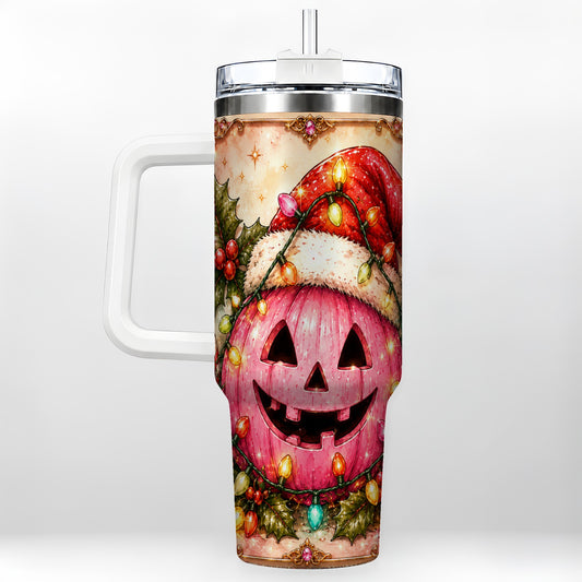 #pl[40oz|White] Pink Pumpkin 40oz Tumbler with Handle, Christmas Stainless Steel Travel Cup
