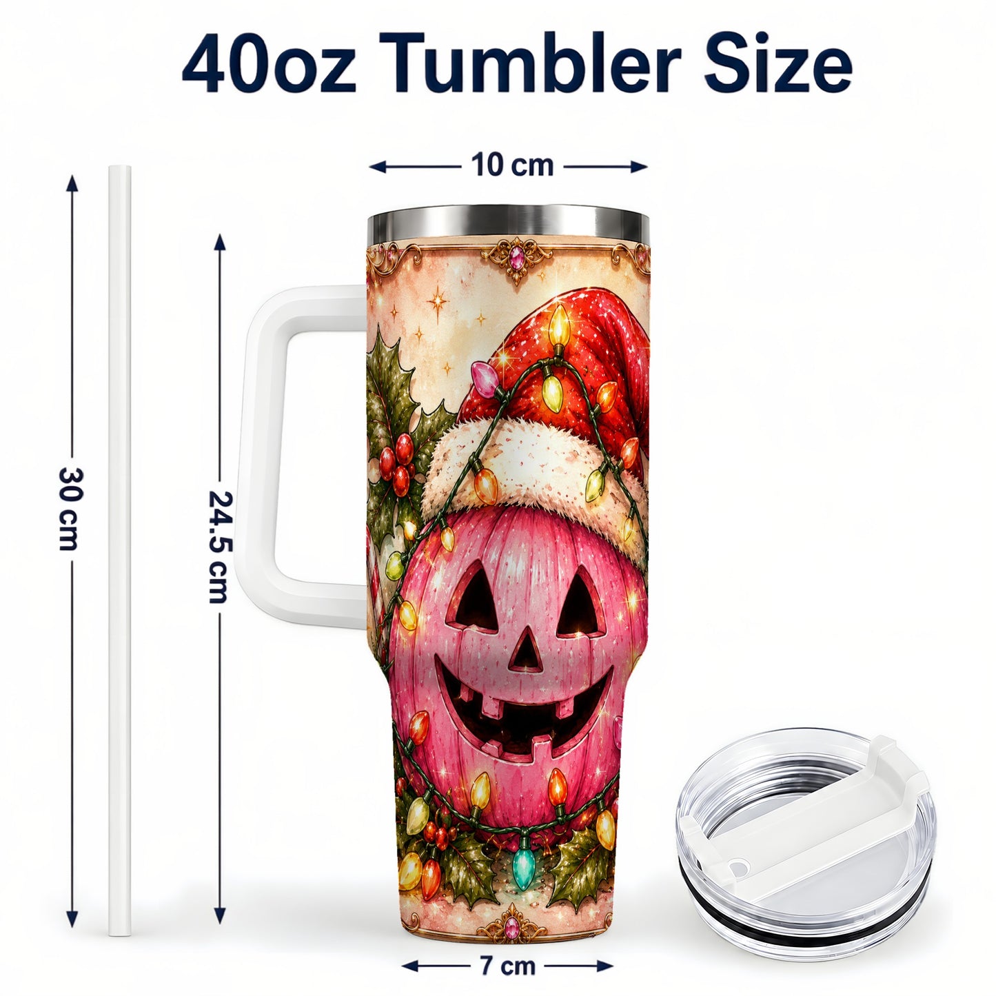 #pl[40oz|White] Pink Pumpkin 40oz Tumbler with Handle, Christmas Stainless Steel Travel Cup