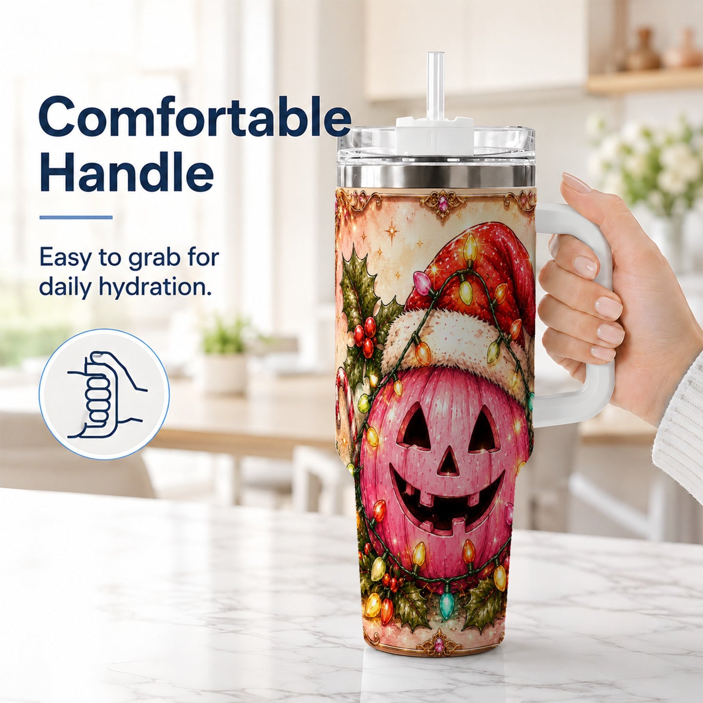 #pl[40oz|White] Pink Pumpkin 40oz Tumbler with Handle, Christmas Stainless Steel Travel Cup