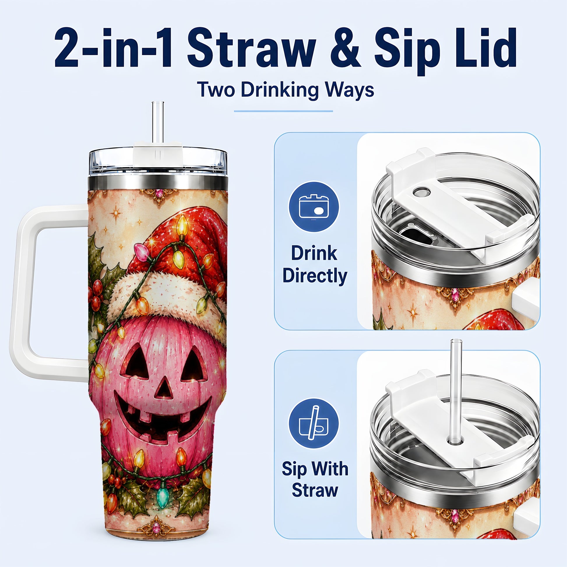 #pl[40oz|White] Pink Pumpkin 40oz Tumbler with Handle, Christmas Stainless Steel Travel Cup