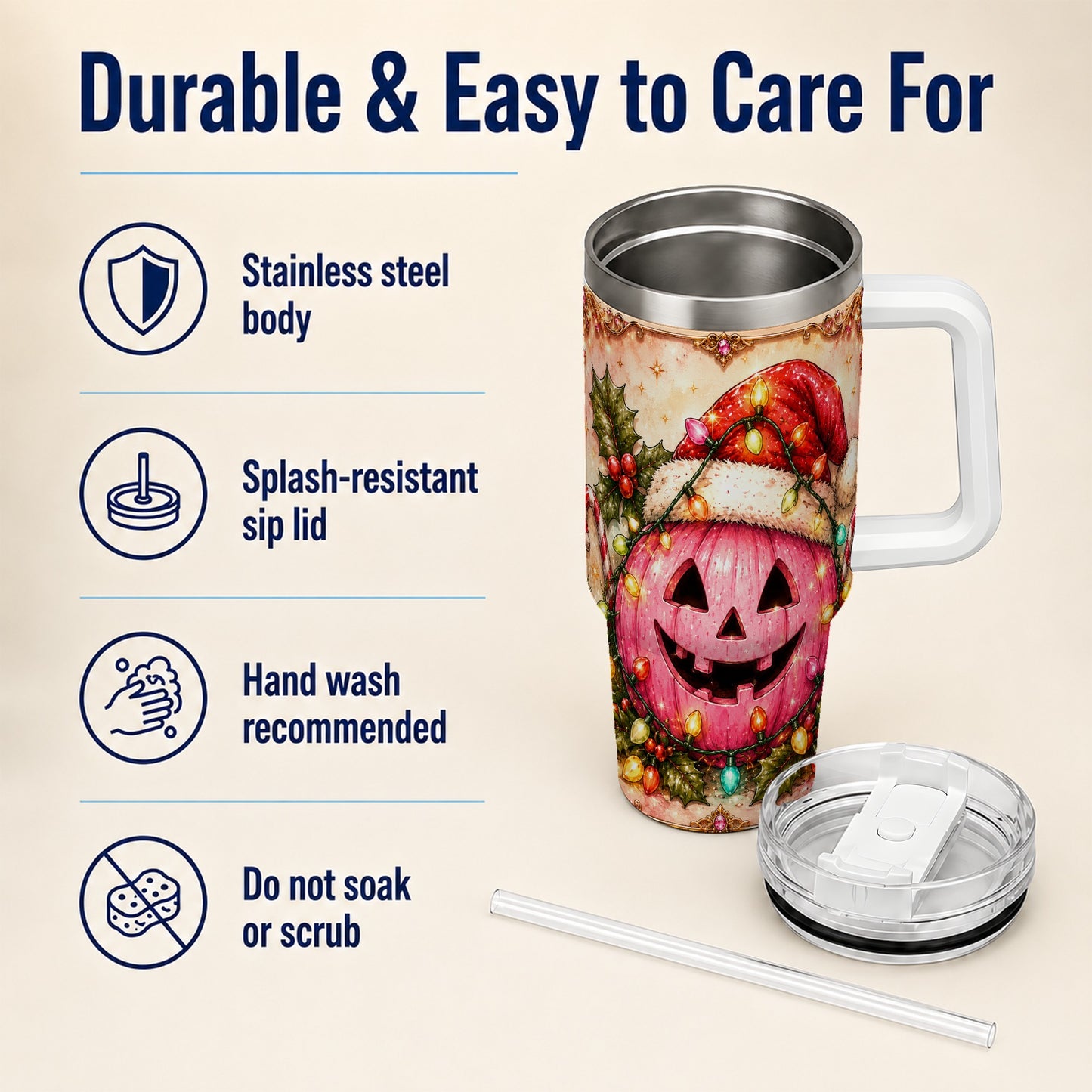 #pl[40oz|White] Pink Pumpkin 40oz Tumbler with Handle, Christmas Stainless Steel Travel Cup