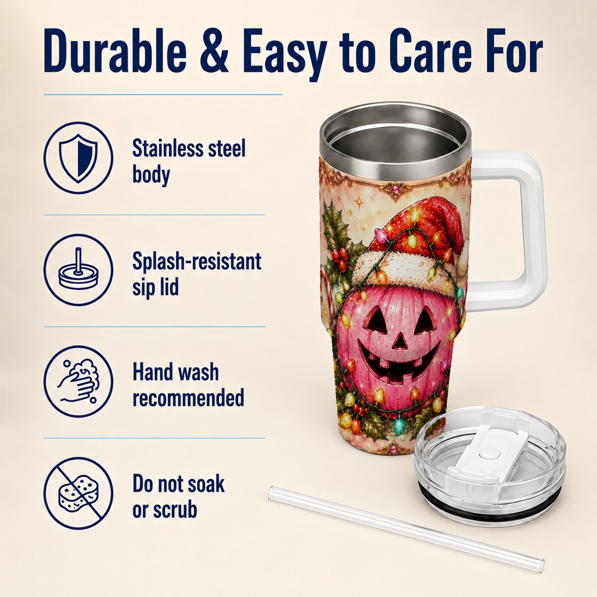 #pl[40oz|White] Pink Pumpkin 40oz Tumbler with Handle, Christmas Stainless Steel Travel Cup