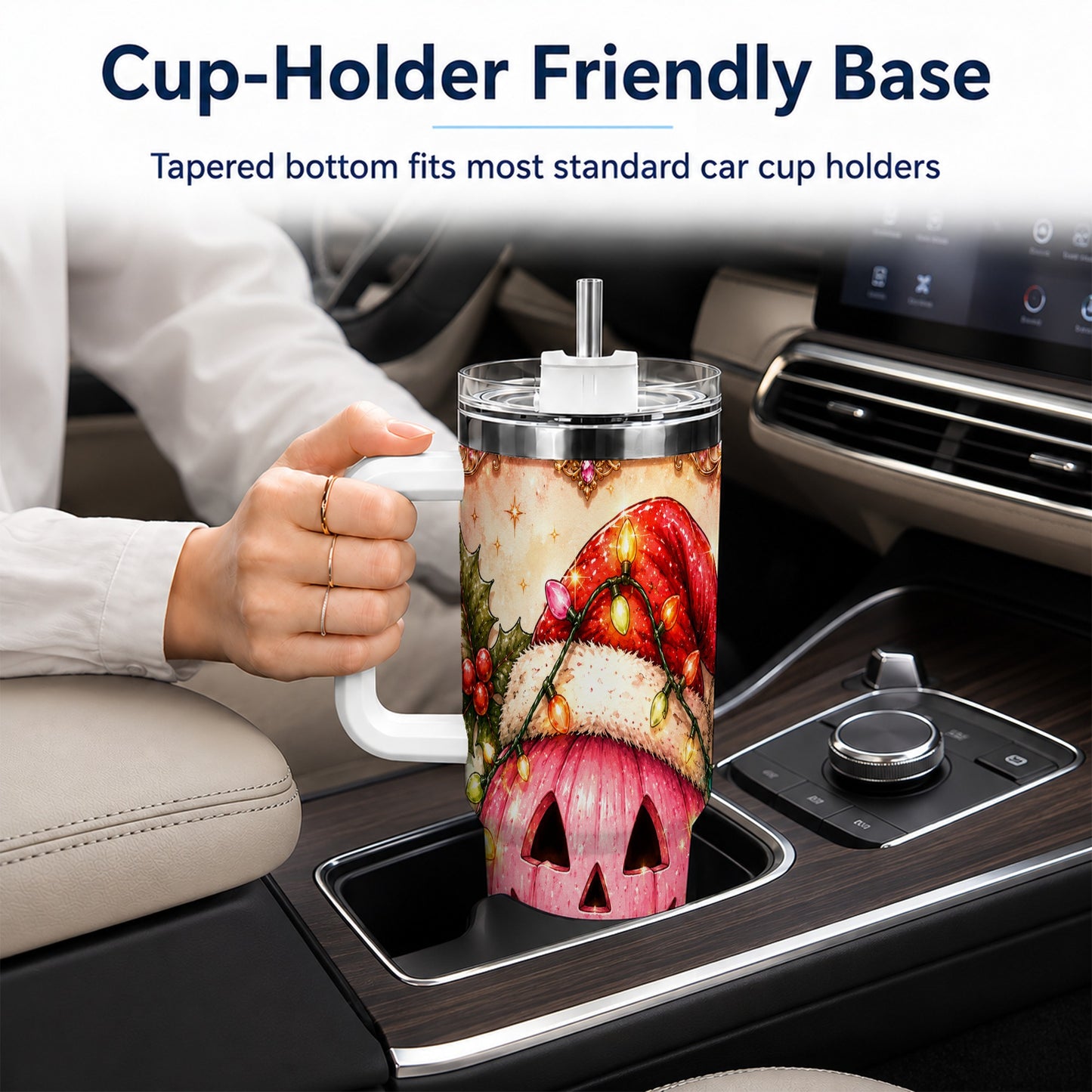 #pl[40oz|White] Pink Pumpkin 40oz Tumbler with Handle, Christmas Stainless Steel Travel Cup