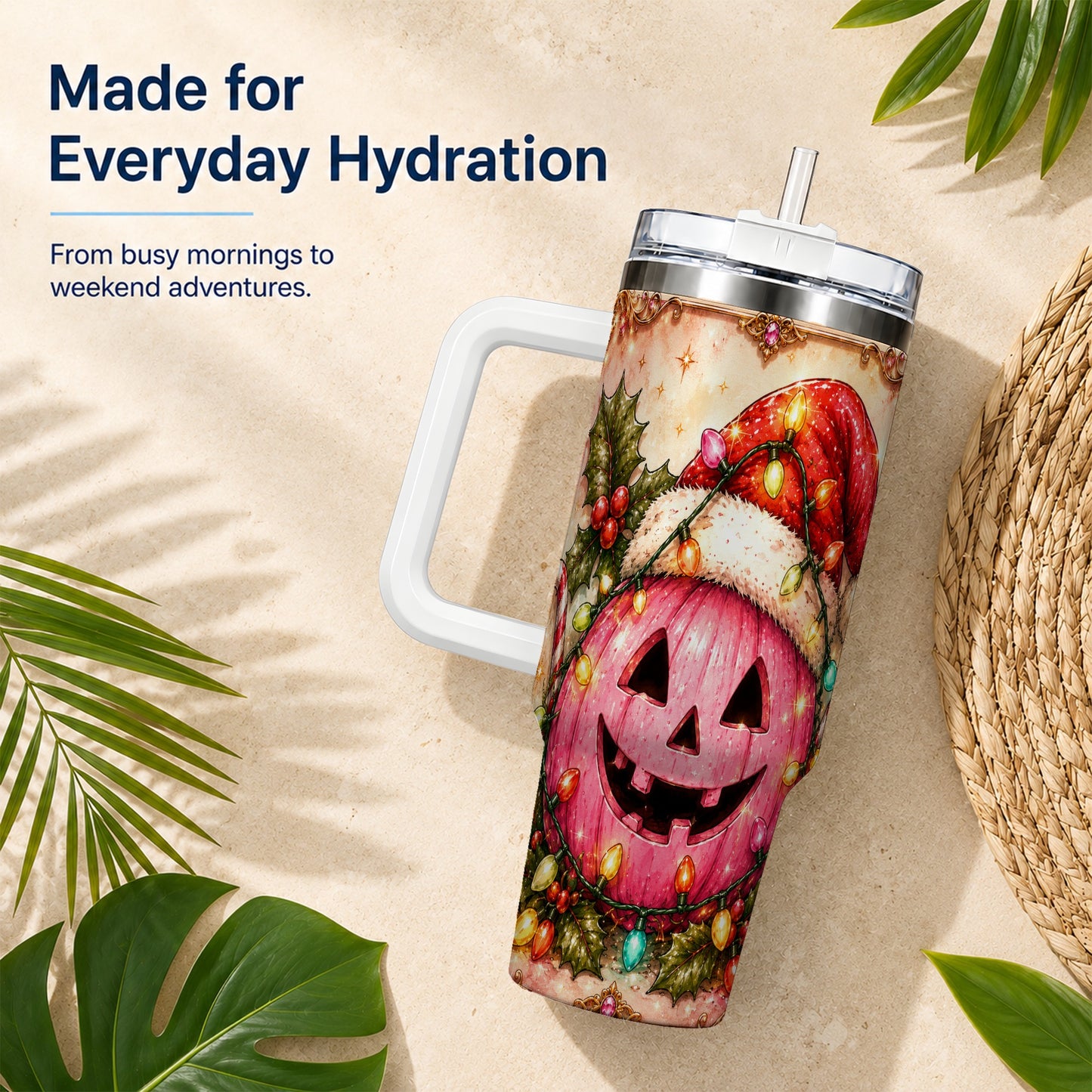 #pl[40oz|White] Pink Pumpkin 40oz Tumbler with Handle, Christmas Stainless Steel Travel Cup