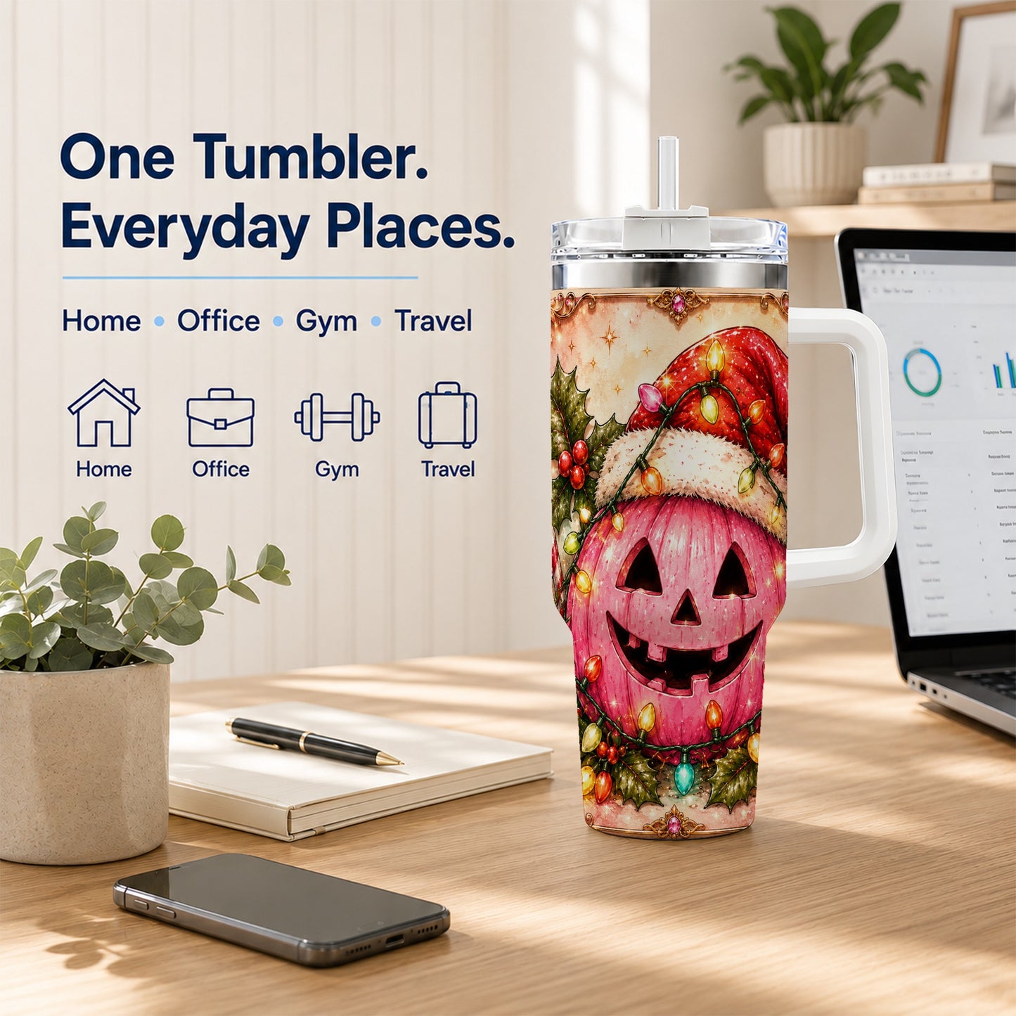#pl[40oz|White] Pink Pumpkin 40oz Tumbler with Handle, Christmas Stainless Steel Travel Cup