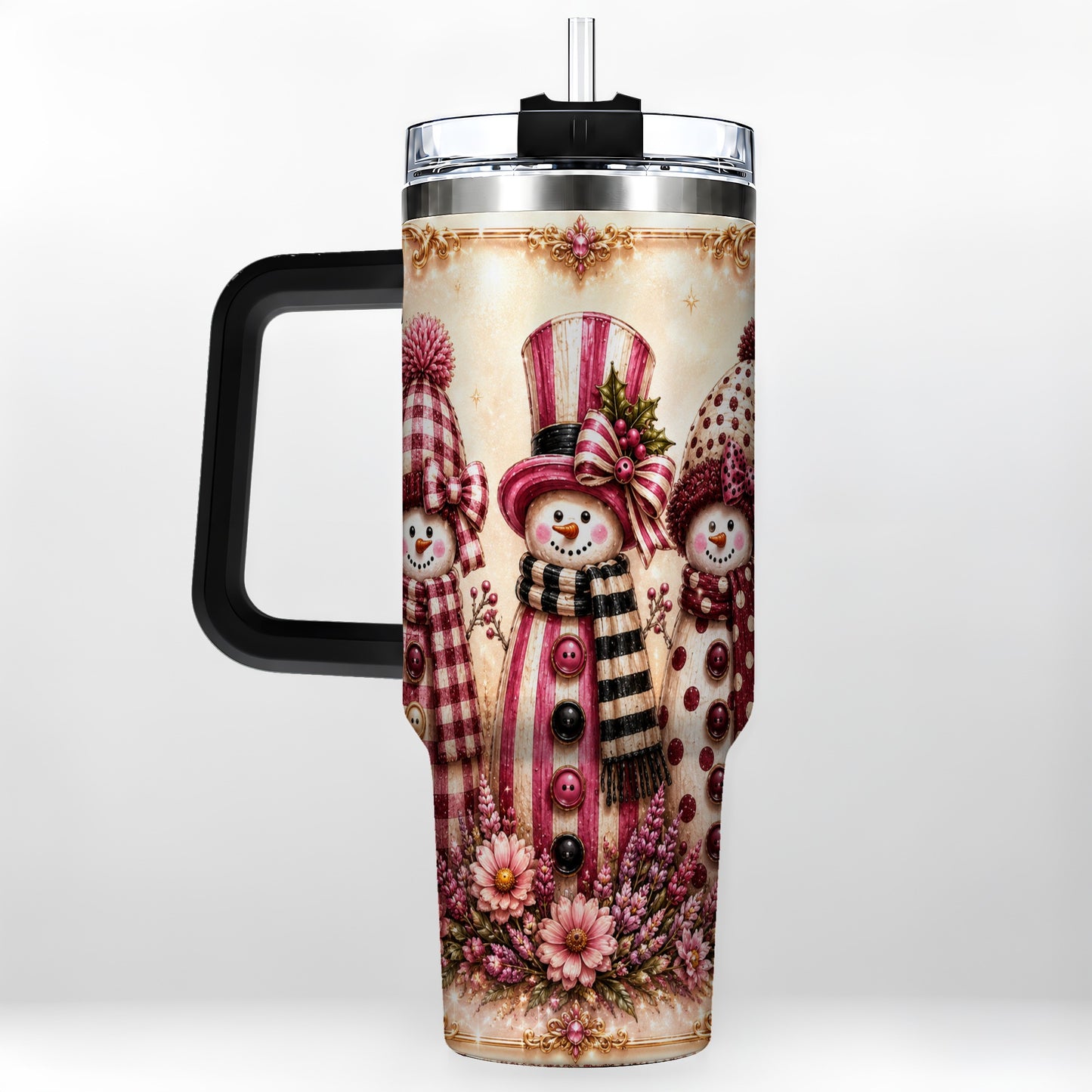 #pl[40oz|Black] Snowman Trio 40oz Tumbler with Handle, Christmas Stainless Steel Travel Cup