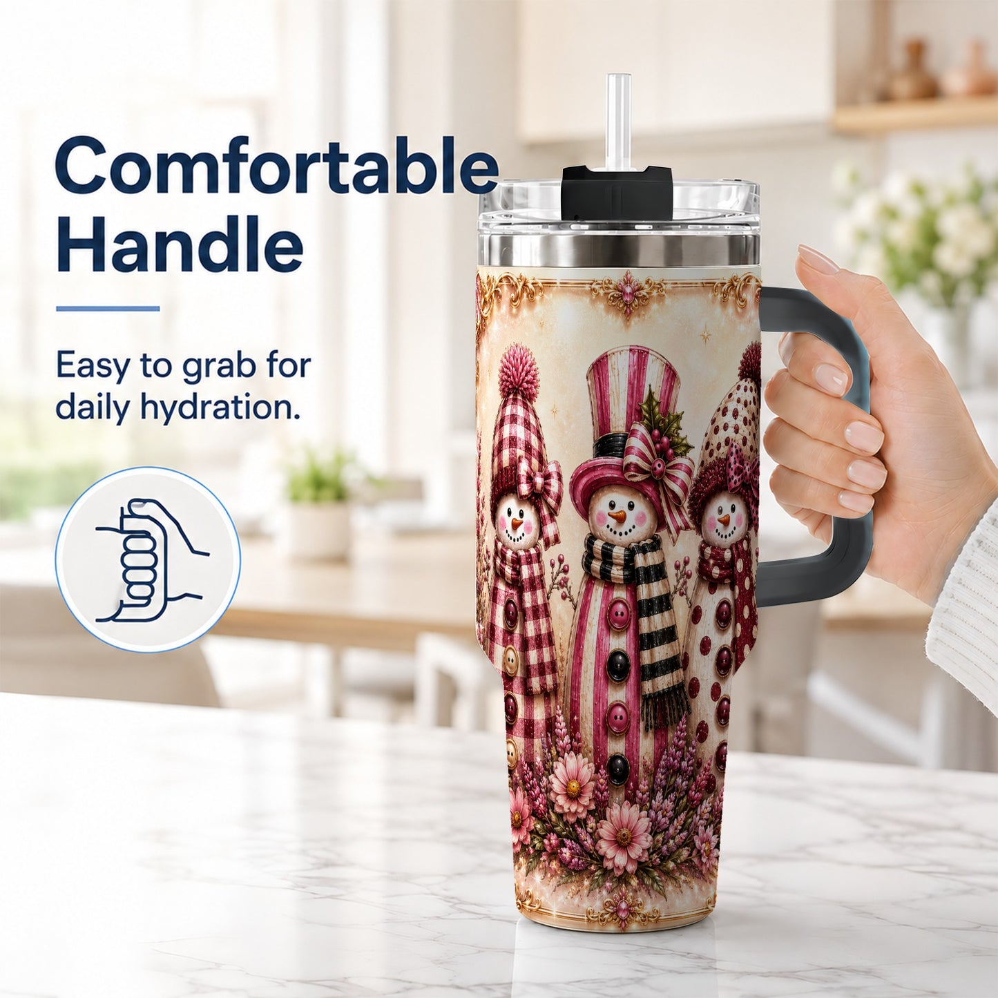 #pl[40oz|Black] Snowman Trio 40oz Tumbler with Handle, Christmas Stainless Steel Travel Cup